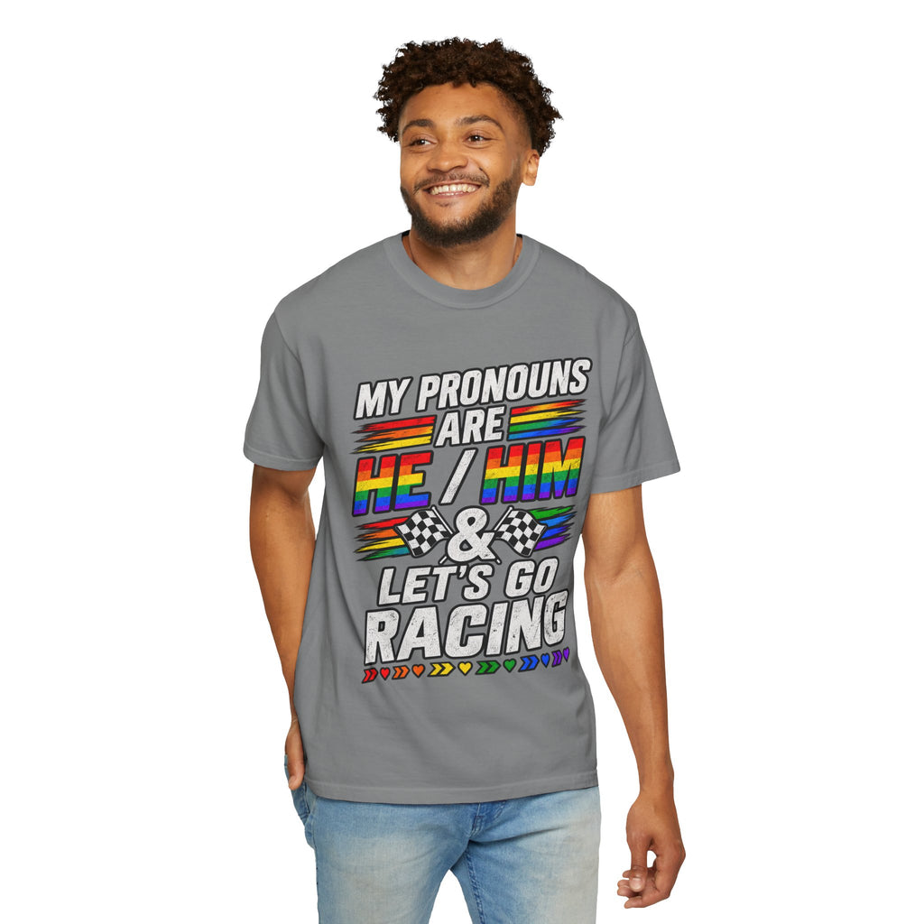 Pronouns Are He/Him Racing T-Shirt — LGBTQ+ Pride Motorsport Tee