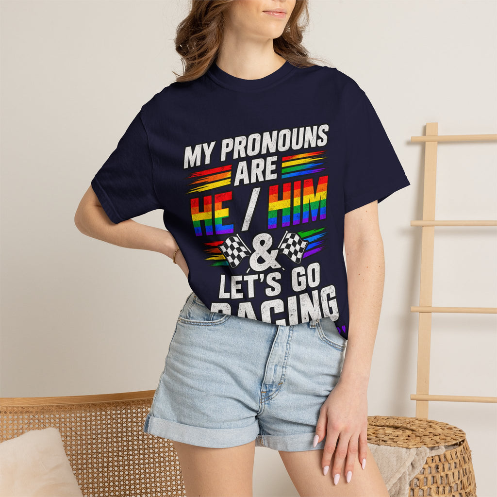 Pronouns Are He/Him Racing T-Shirt — LGBTQ+ Pride Motorsport Tee