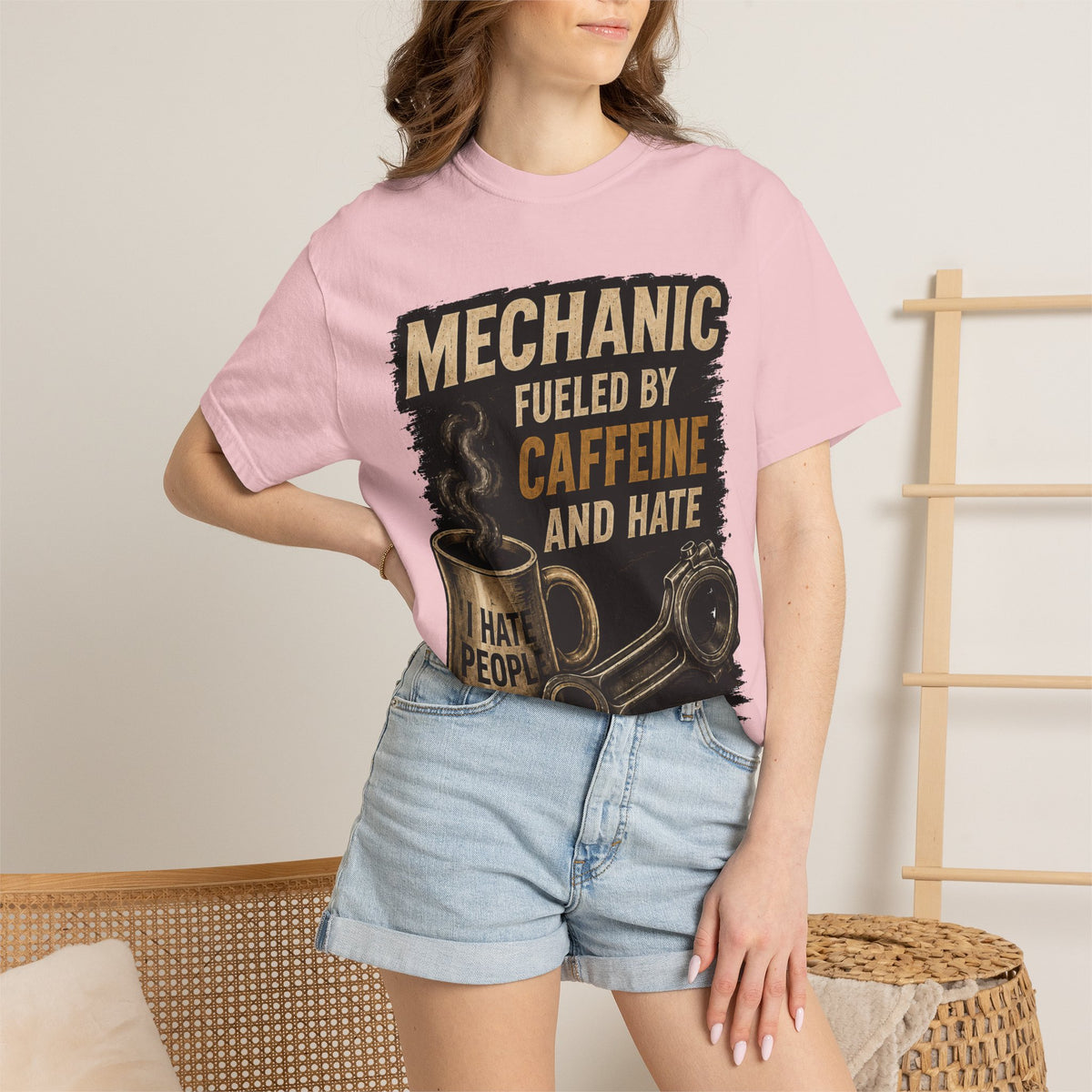 Mechanic T-Shirt — "Fueled by Caffeine and Hate" Vintage Mug & Wrench Tee