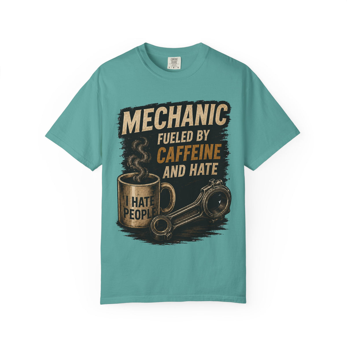 Mechanic T-Shirt — "Fueled by Caffeine and Hate" Vintage Mug & Wrench Tee