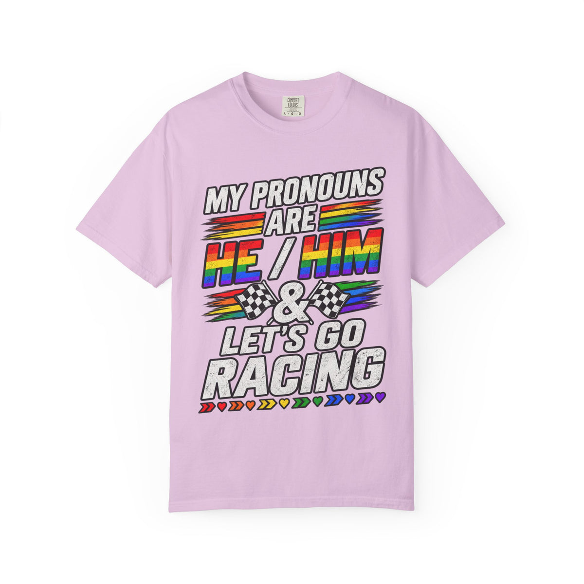 Pronouns Are He/Him Racing T-Shirt — LGBTQ+ Pride Motorsport Tee