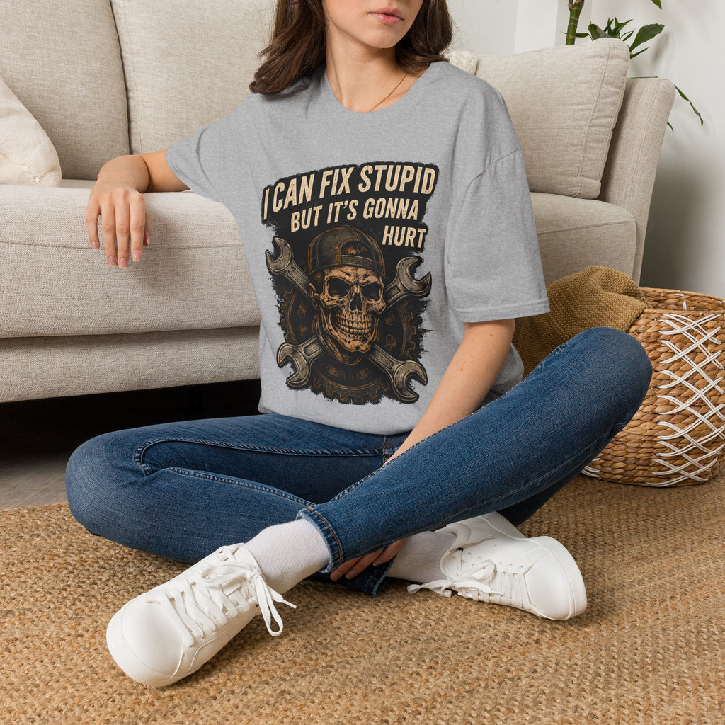 Graphic T-Shirt — "I Can Fix Stupid But It's Gonna Hurt" Skull Mechanic Tee