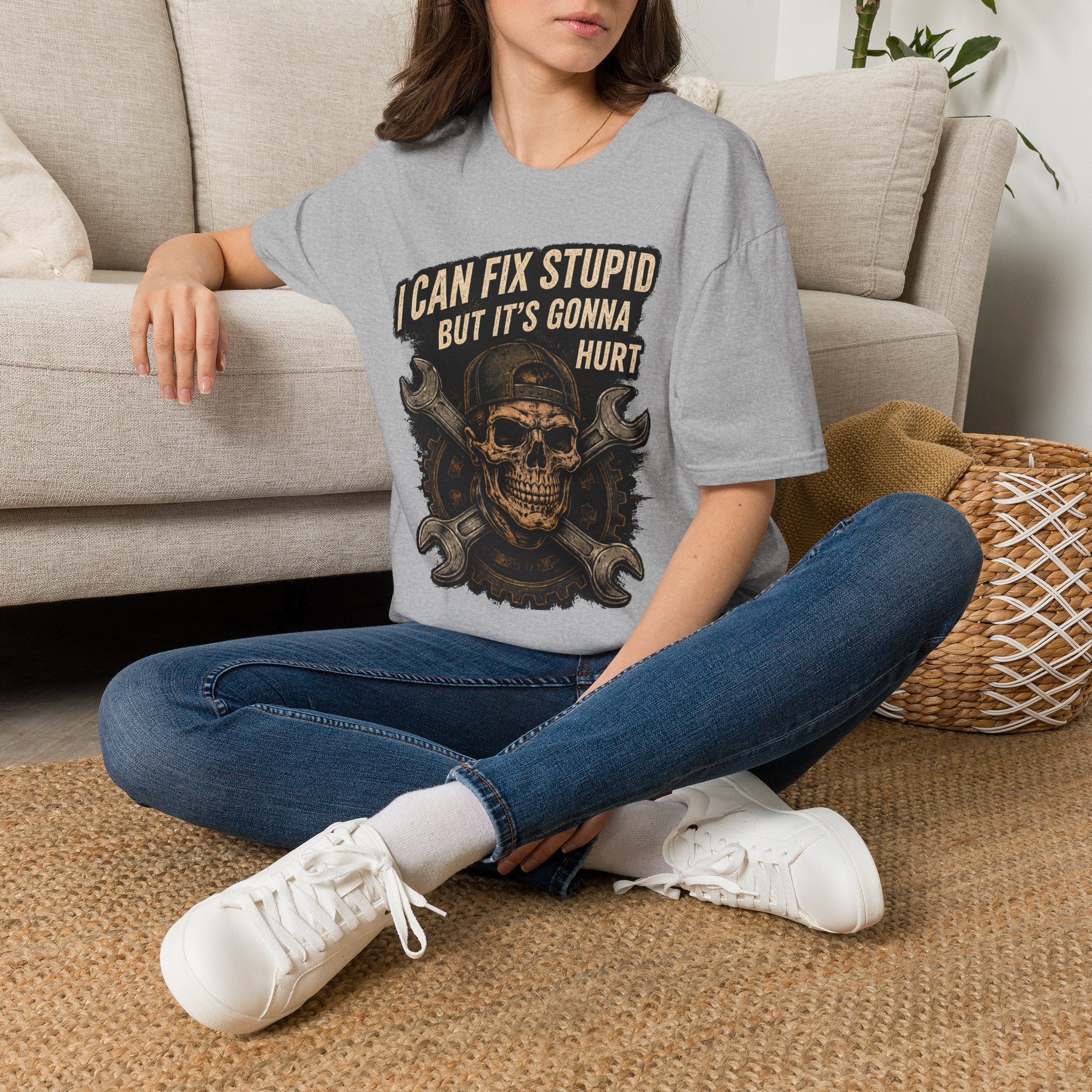Graphic T-Shirt — "I Can Fix Stupid But It's Gonna Hurt" Skull Mechanic Tee