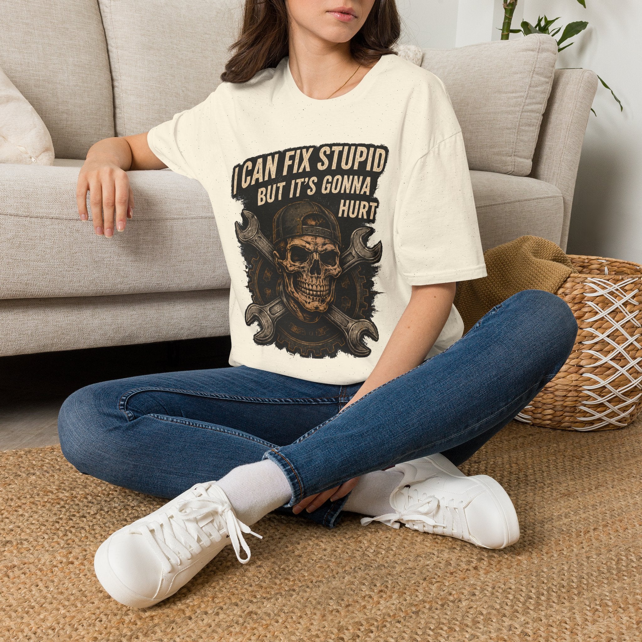 Graphic T-Shirt — "I Can Fix Stupid But It's Gonna Hurt" Skull Mechanic Tee