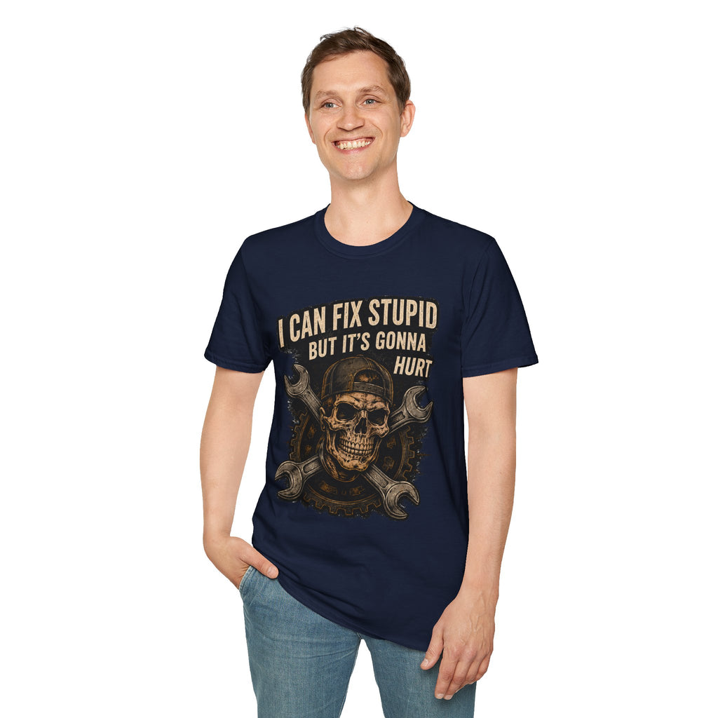 Graphic T-Shirt — "I Can Fix Stupid But It's Gonna Hurt" Skull Mechanic Tee