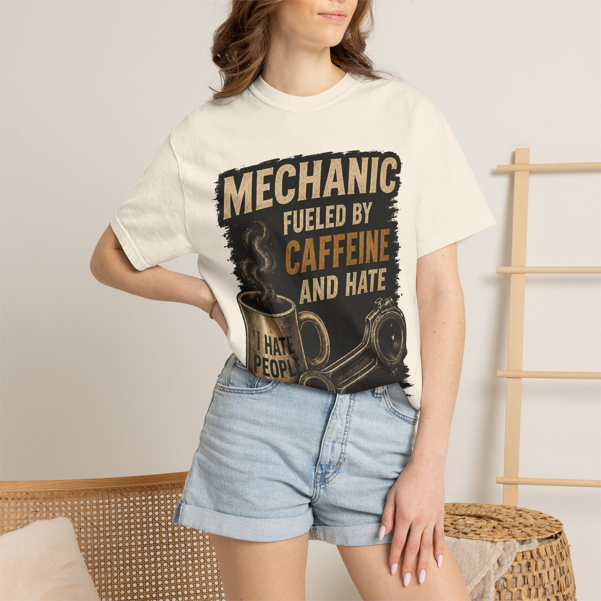 Mechanic T-Shirt — "Fueled by Caffeine and Hate" Vintage Mug & Wrench Tee