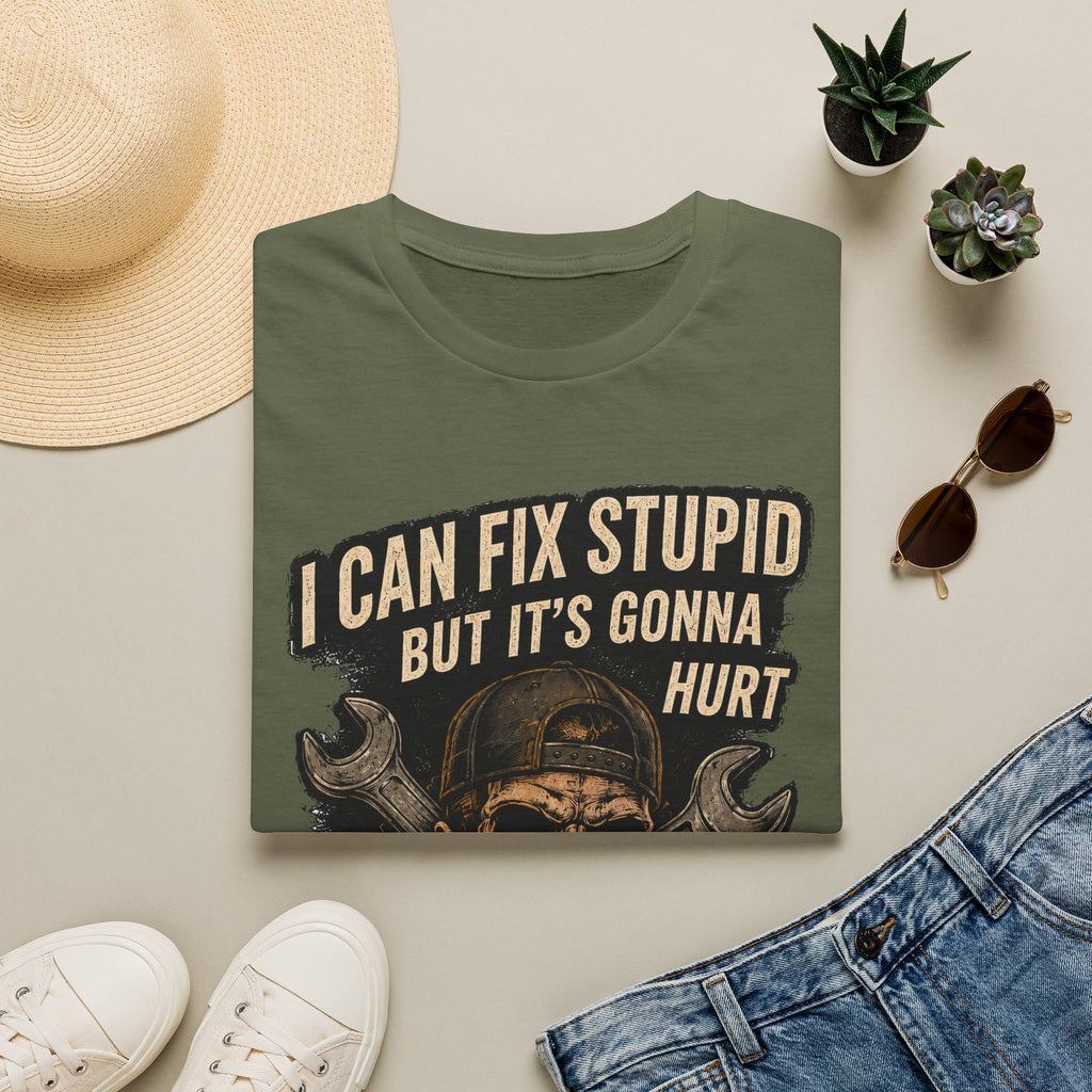 Graphic T-Shirt — "I Can Fix Stupid But It's Gonna Hurt" Skull Mechanic Tee