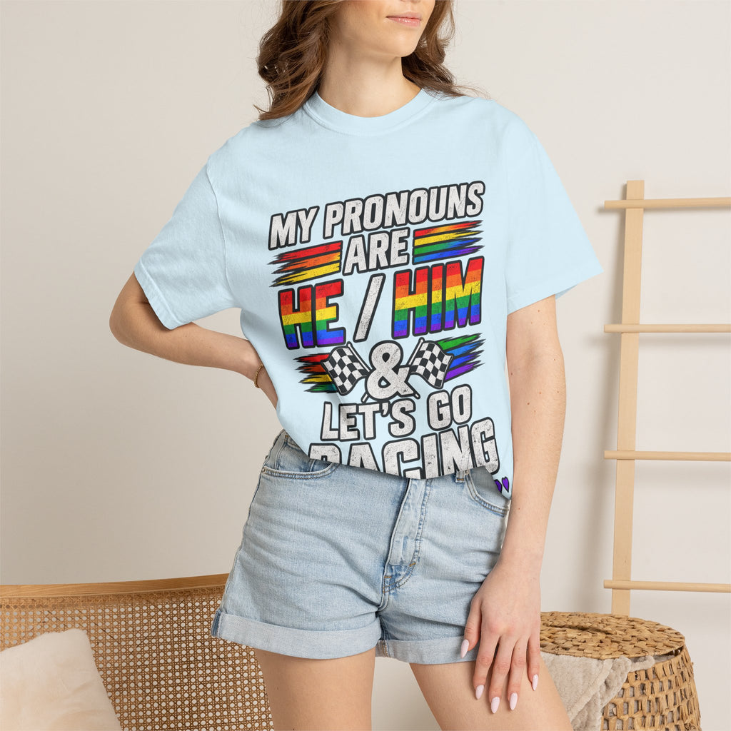 Pronouns Are He/Him Racing T-Shirt — LGBTQ+ Pride Motorsport Tee