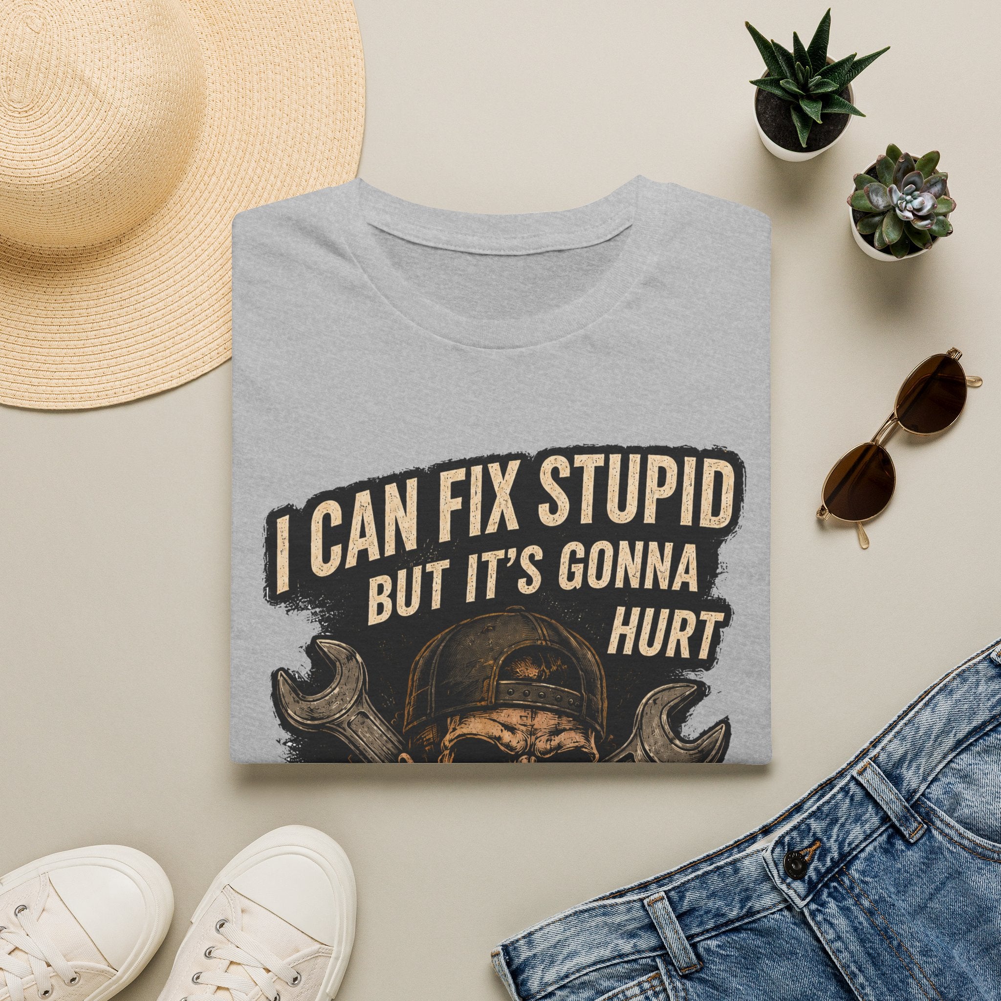 Graphic T-Shirt — "I Can Fix Stupid But It's Gonna Hurt" Skull Mechanic Tee