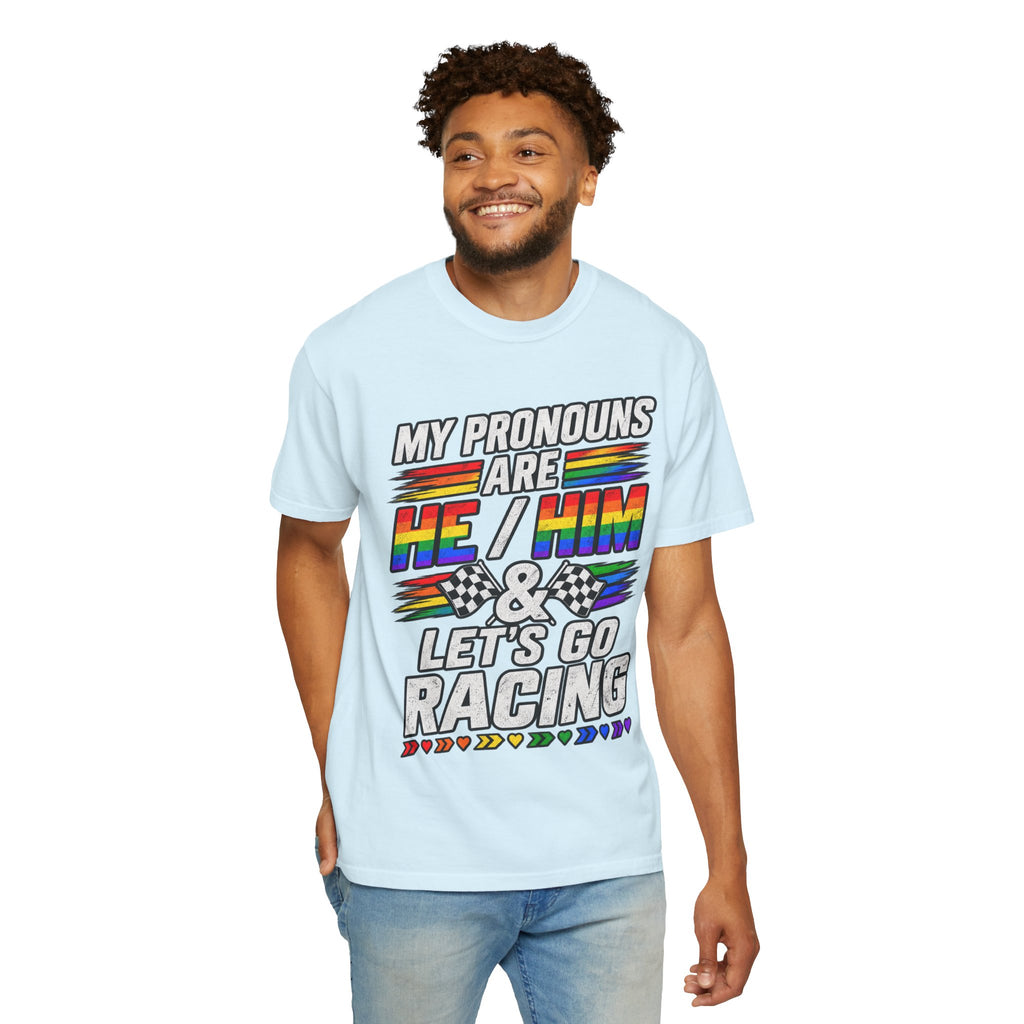 Pronouns Are He/Him Racing T-Shirt — LGBTQ+ Pride Motorsport Tee