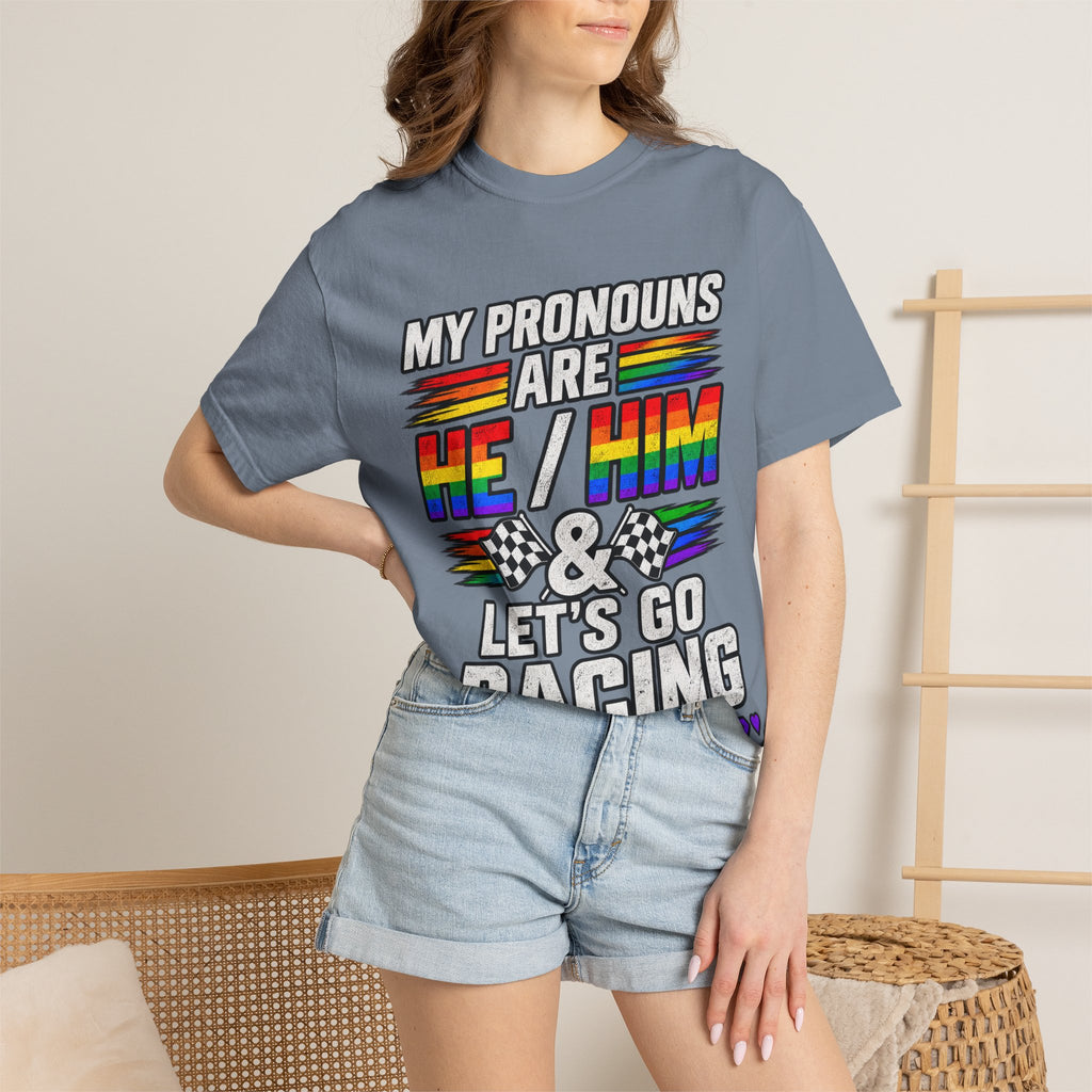 Pronouns Are He/Him Racing T-Shirt — LGBTQ+ Pride Motorsport Tee