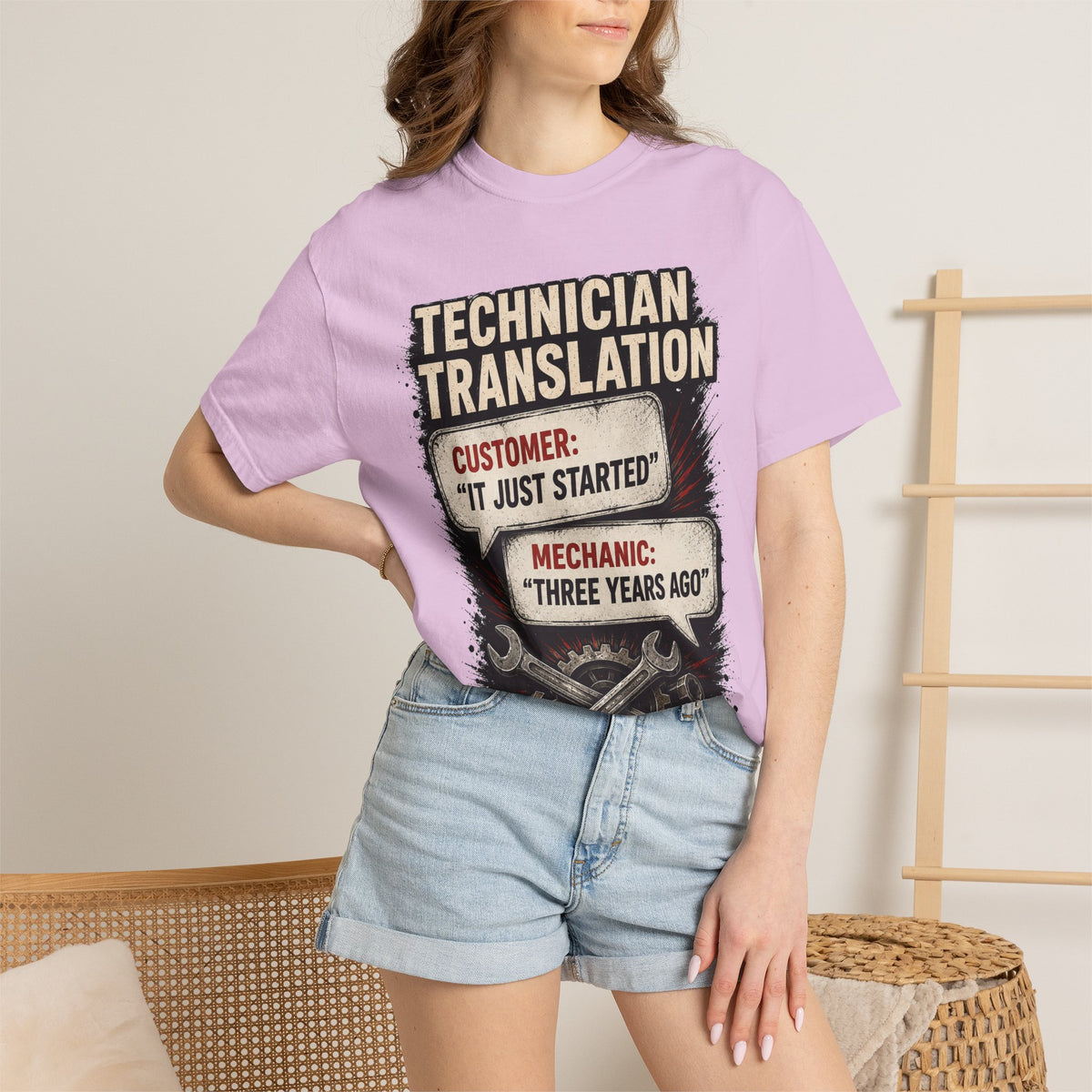 Technician Translation T-Shirt — "Customer: 'It Just Started' / Mechanic: 'Three Years Ago'"