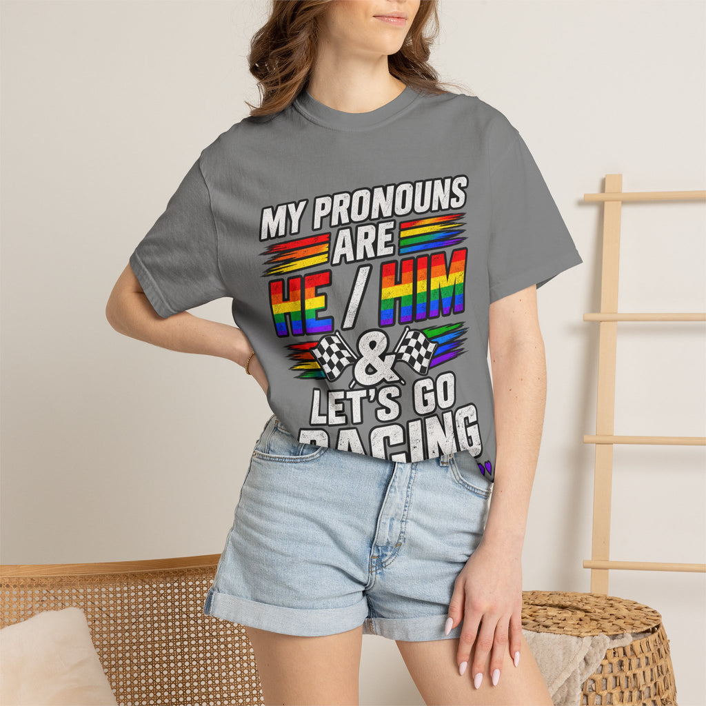 Pronouns Are He/Him Racing T-Shirt — LGBTQ+ Pride Motorsport Tee