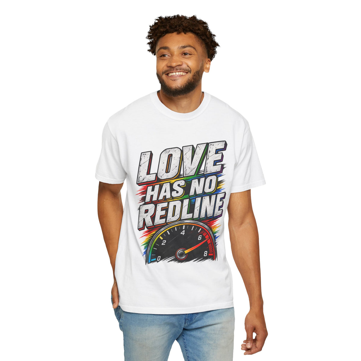 Love Has No Redline T-Shirt — Rainbow Speedometer Pride Tee