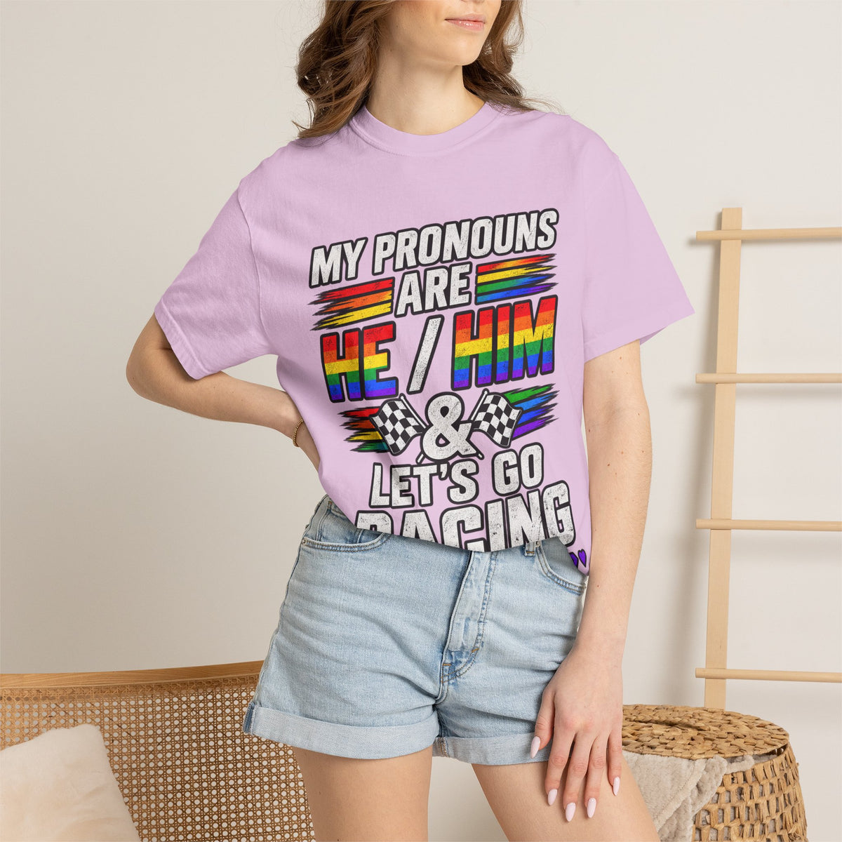 Pronouns Are He/Him Racing T-Shirt — LGBTQ+ Pride Motorsport Tee