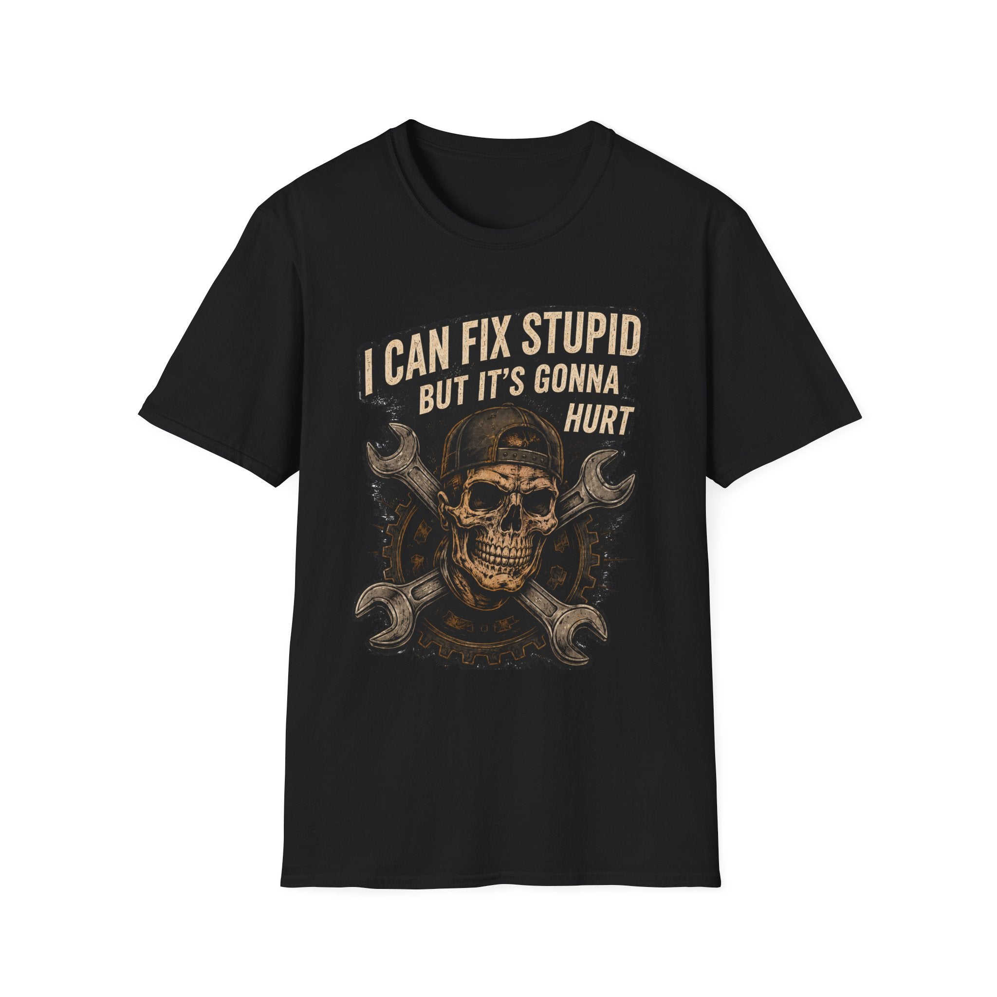 Graphic T-Shirt — "I Can Fix Stupid But It's Gonna Hurt" Skull Mechanic Tee