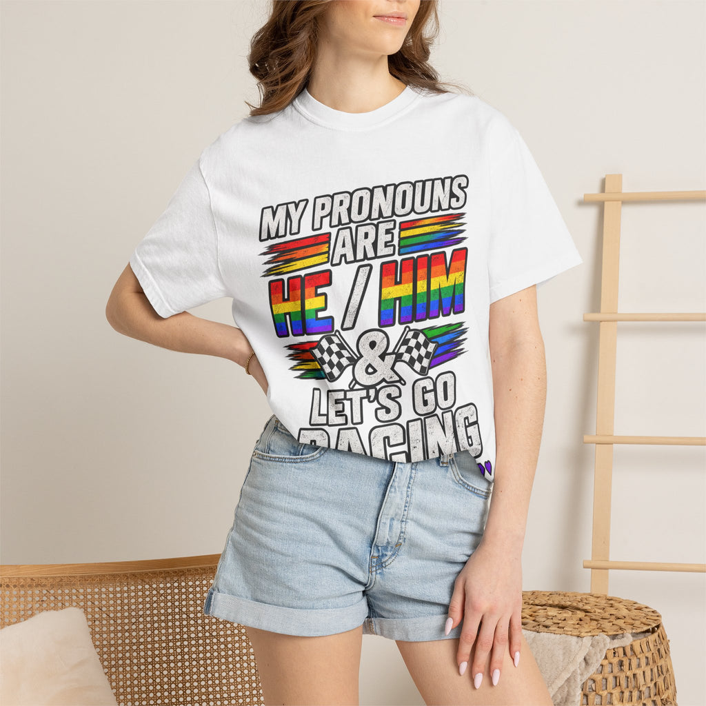 Pronouns Are He/Him Racing T-Shirt — LGBTQ+ Pride Motorsport Tee