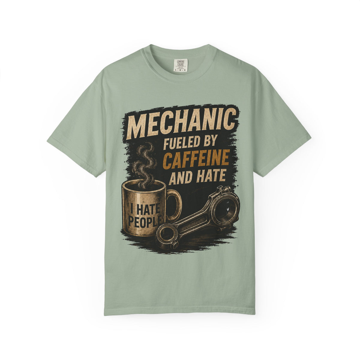 Mechanic T-Shirt — "Fueled by Caffeine and Hate" Vintage Mug & Wrench Tee