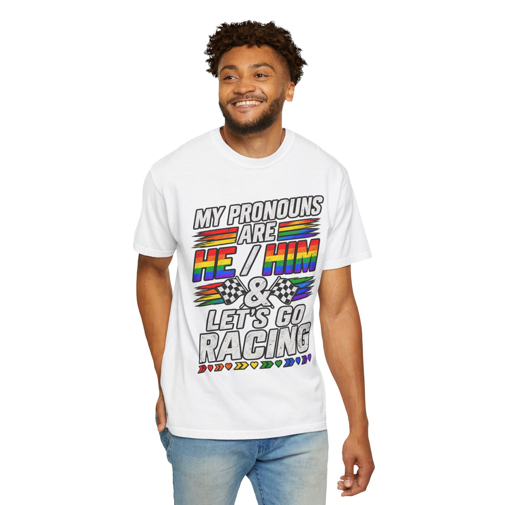 Pronouns Are He/Him Racing T-Shirt — LGBTQ+ Pride Motorsport Tee