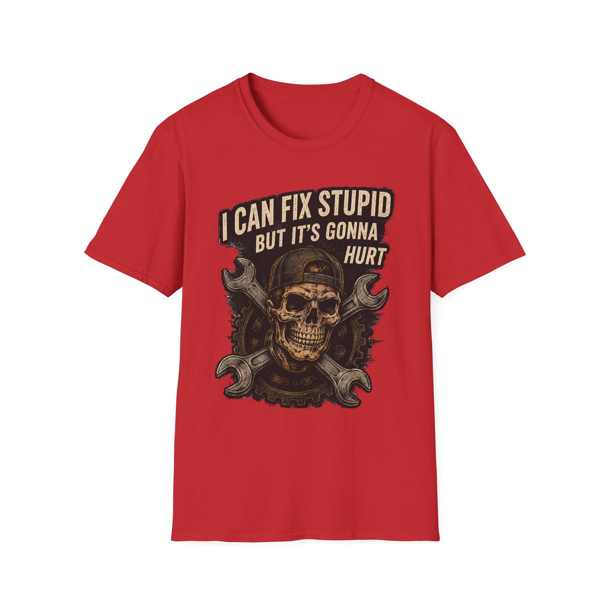 Graphic T-Shirt — "I Can Fix Stupid But It's Gonna Hurt" Skull Mechanic Tee