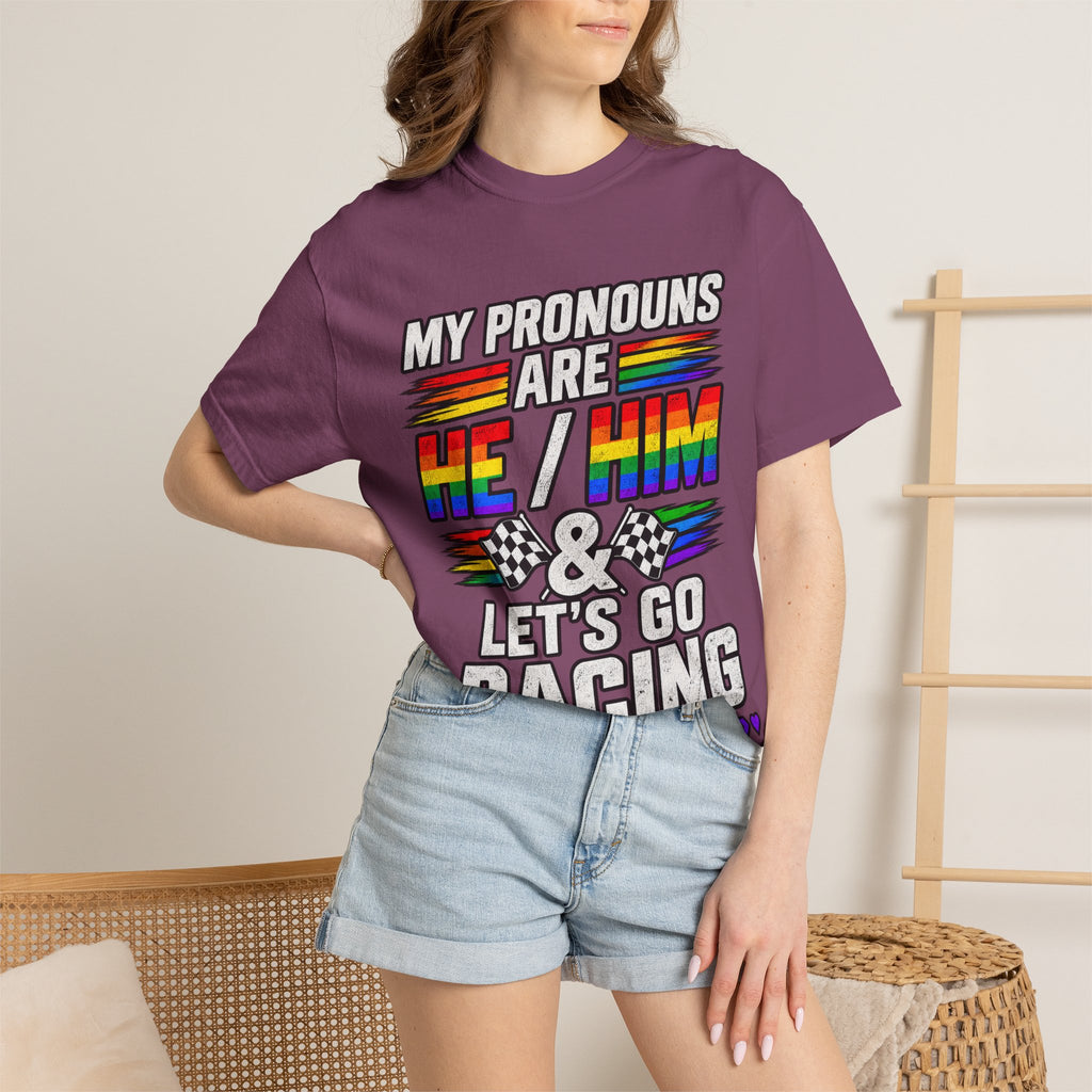 Pronouns Are He/Him Racing T-Shirt — LGBTQ+ Pride Motorsport Tee