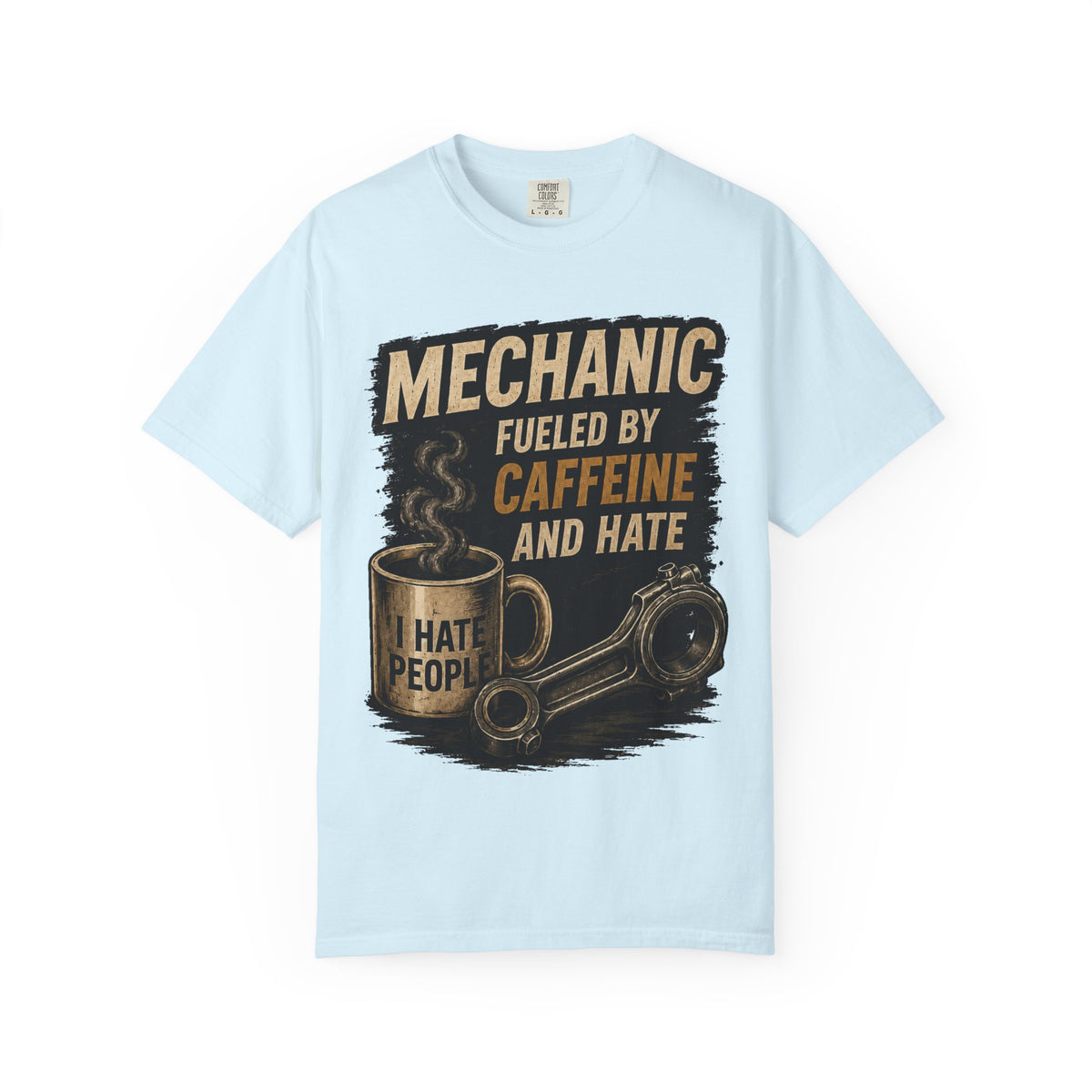 Mechanic T-Shirt — "Fueled by Caffeine and Hate" Vintage Mug & Wrench Tee