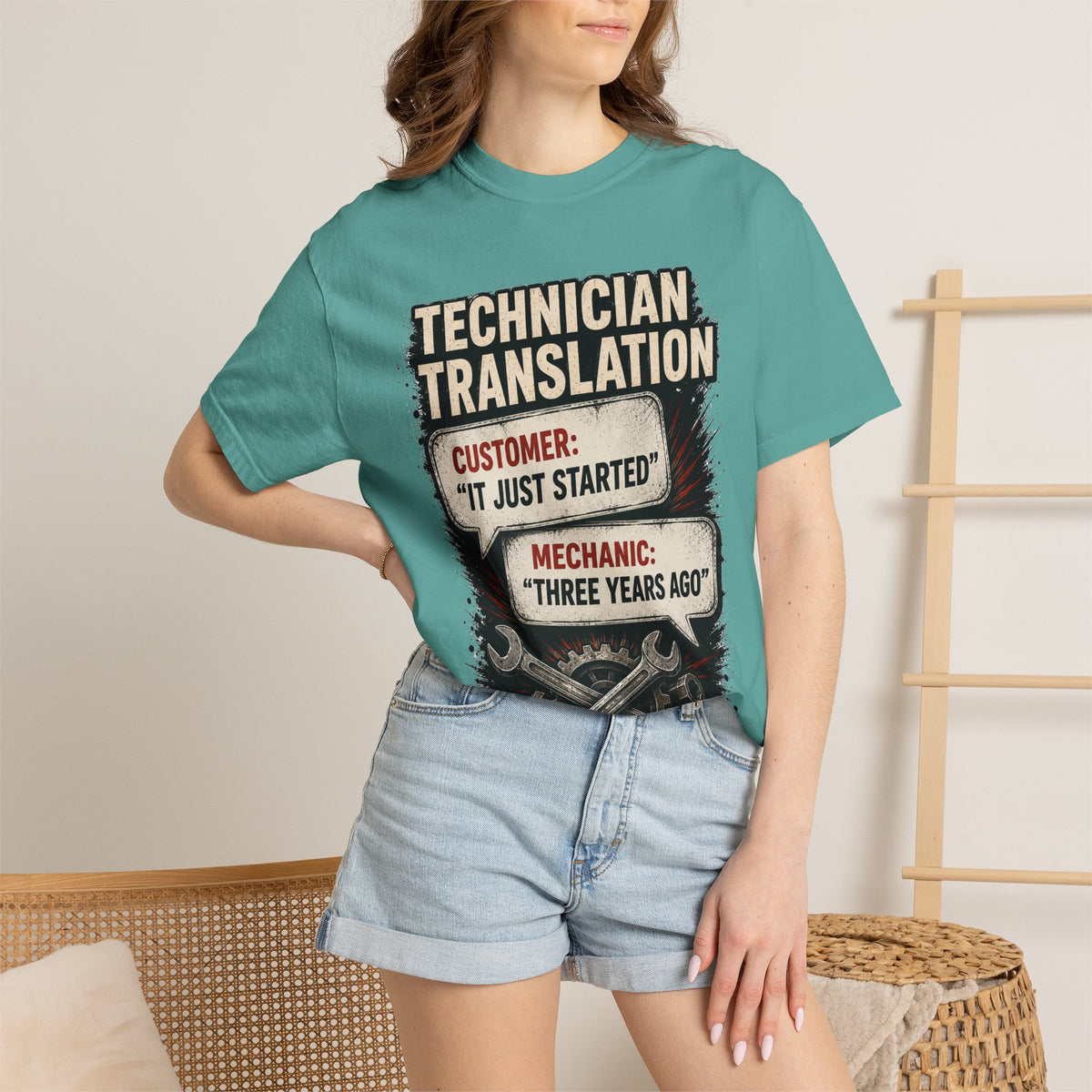 Technician Translation T-Shirt — "Customer: 'It Just Started' / Mechanic: 'Three Years Ago'"