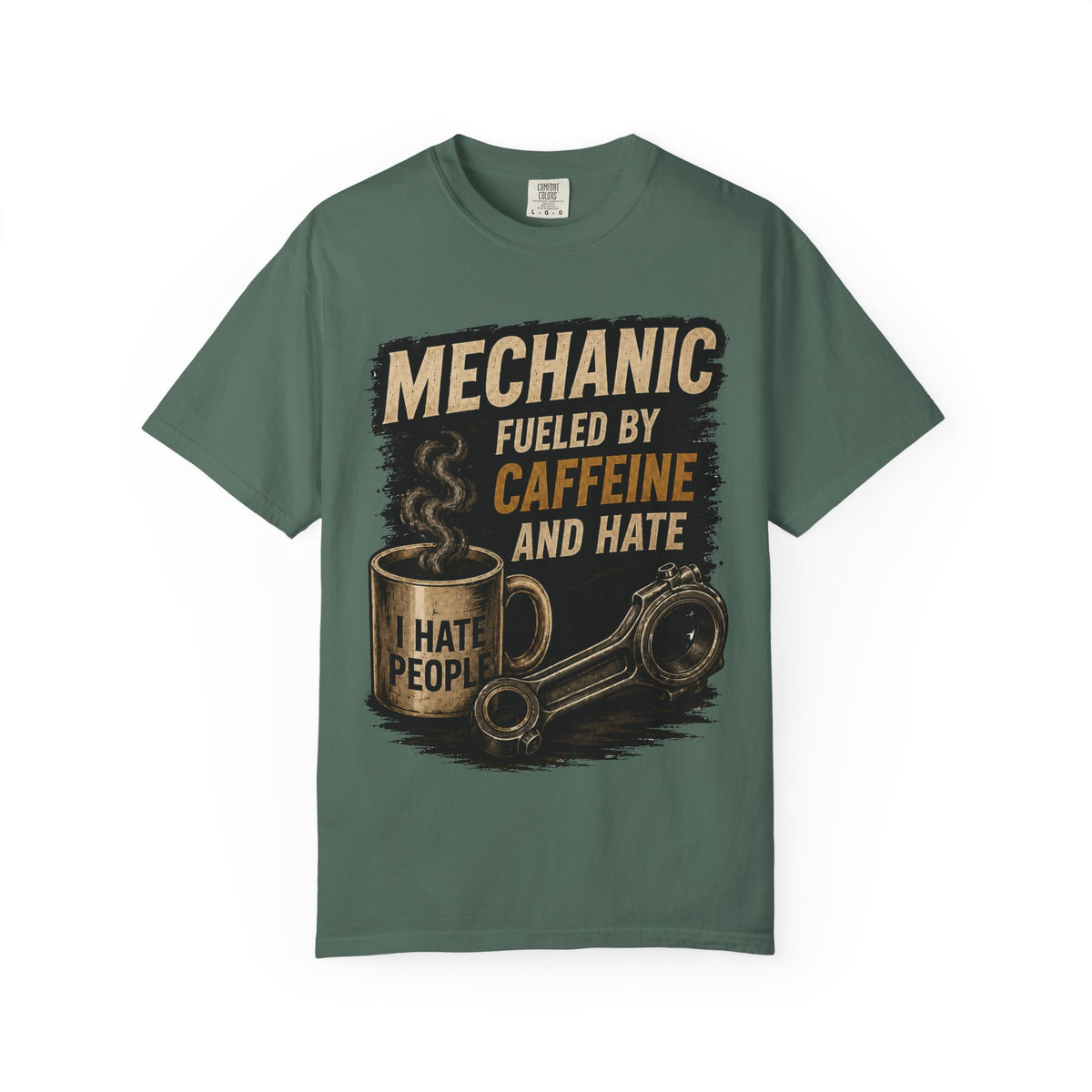 Mechanic T-Shirt — "Fueled by Caffeine and Hate" Vintage Mug & Wrench Tee
