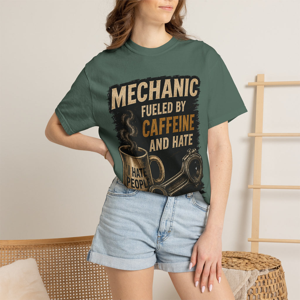 Mechanic T-Shirt — "Fueled by Caffeine and Hate" Vintage Mug & Wrench Tee