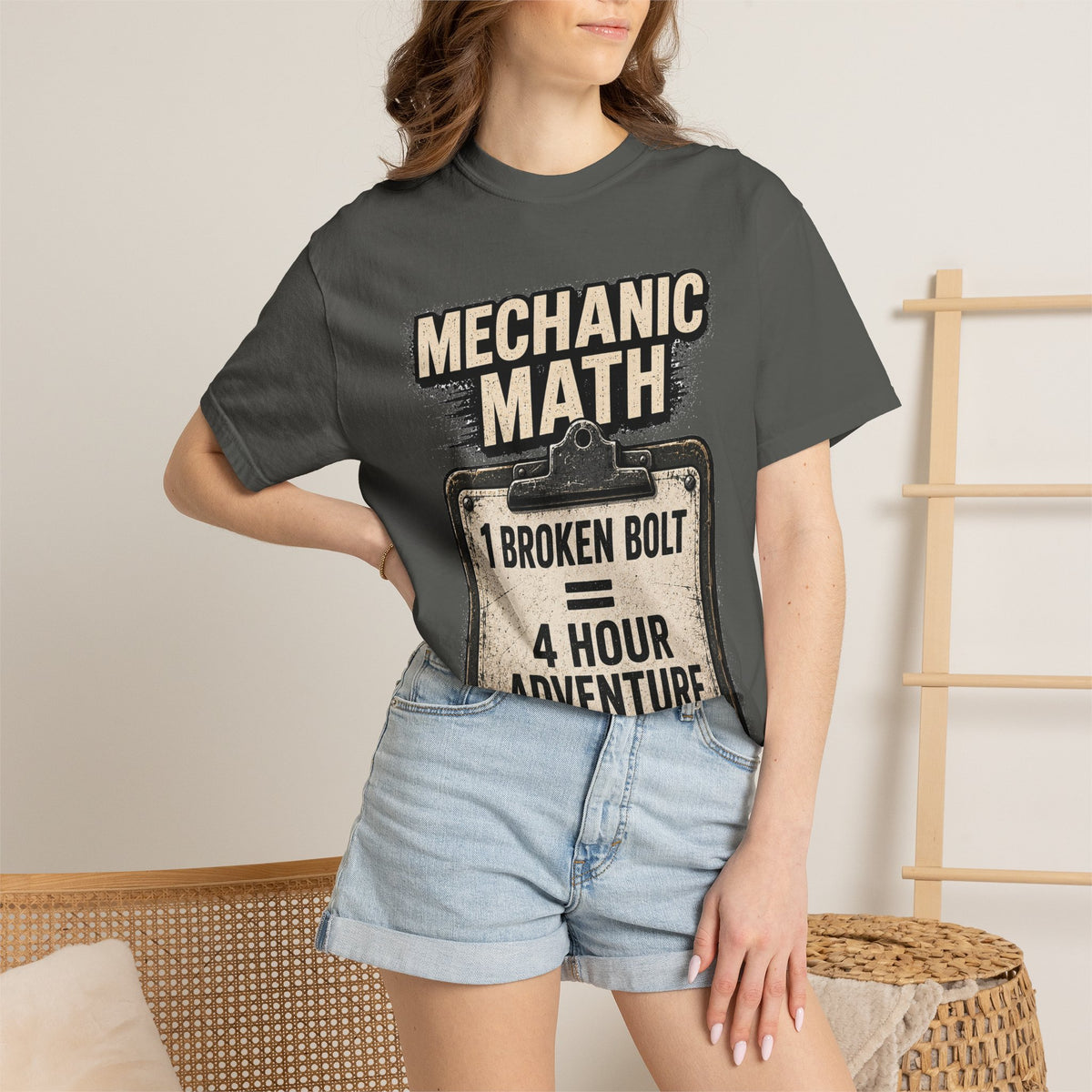 Mechanic Math T-Shirt — "1 Broken Bolt = 4 Hour Adventure" Vintage Workshop Tee