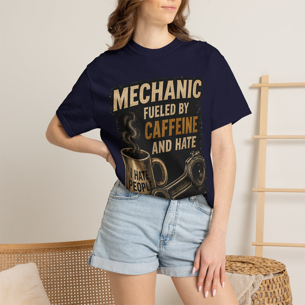 Mechanic T-Shirt — "Fueled by Caffeine and Hate" Vintage Mug & Wrench Tee