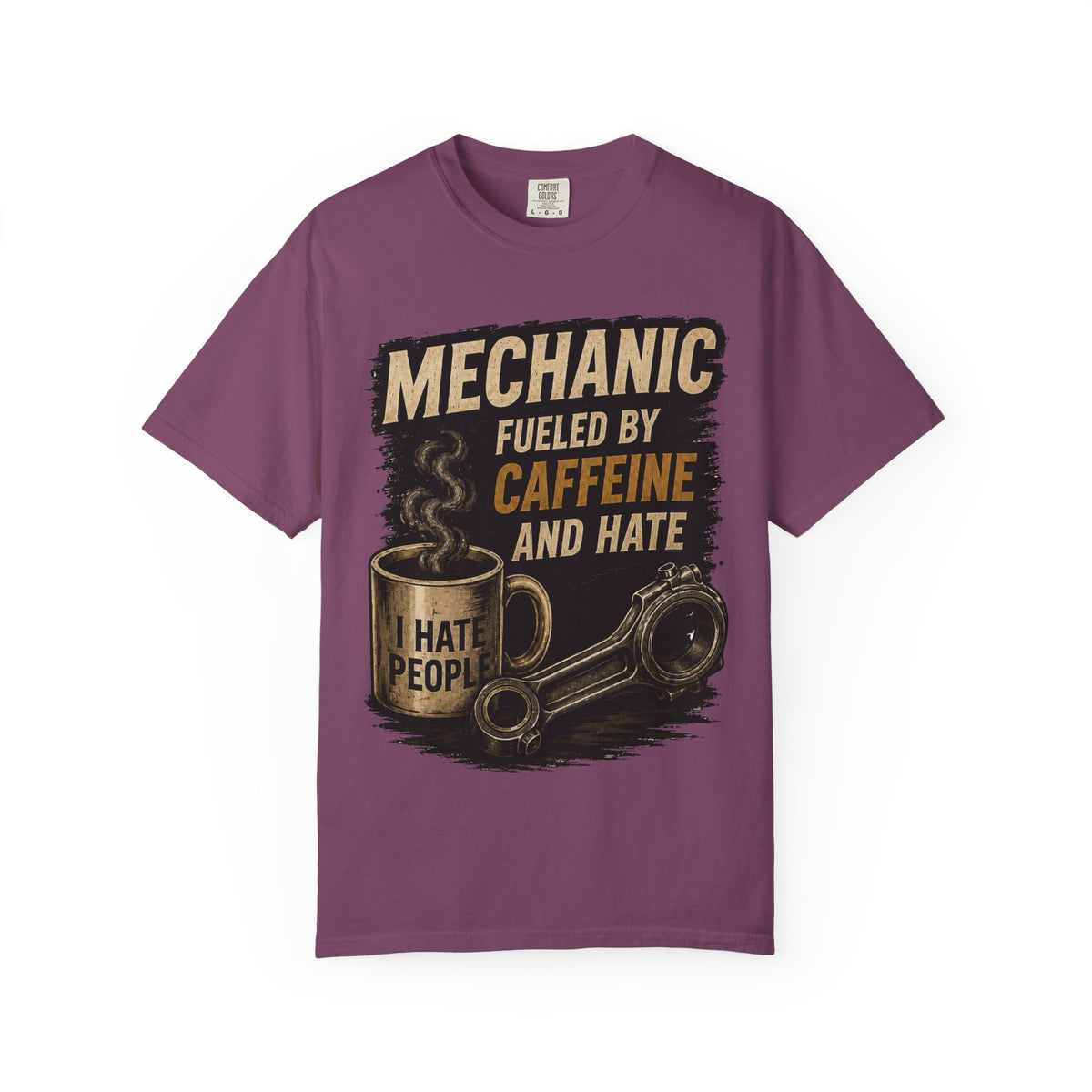Mechanic T-Shirt — "Fueled by Caffeine and Hate" Vintage Mug & Wrench Tee