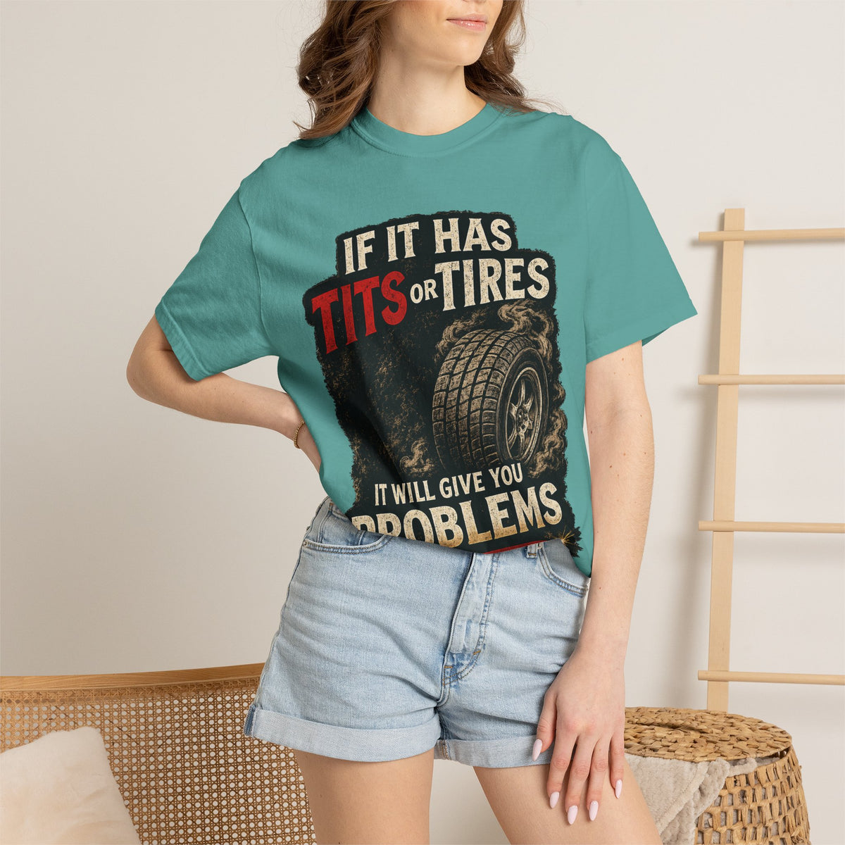 Graphic T‑Shirt — “If It Has Tits or Tires It Will Give You Problems” Vintage Mechanic Tee #7