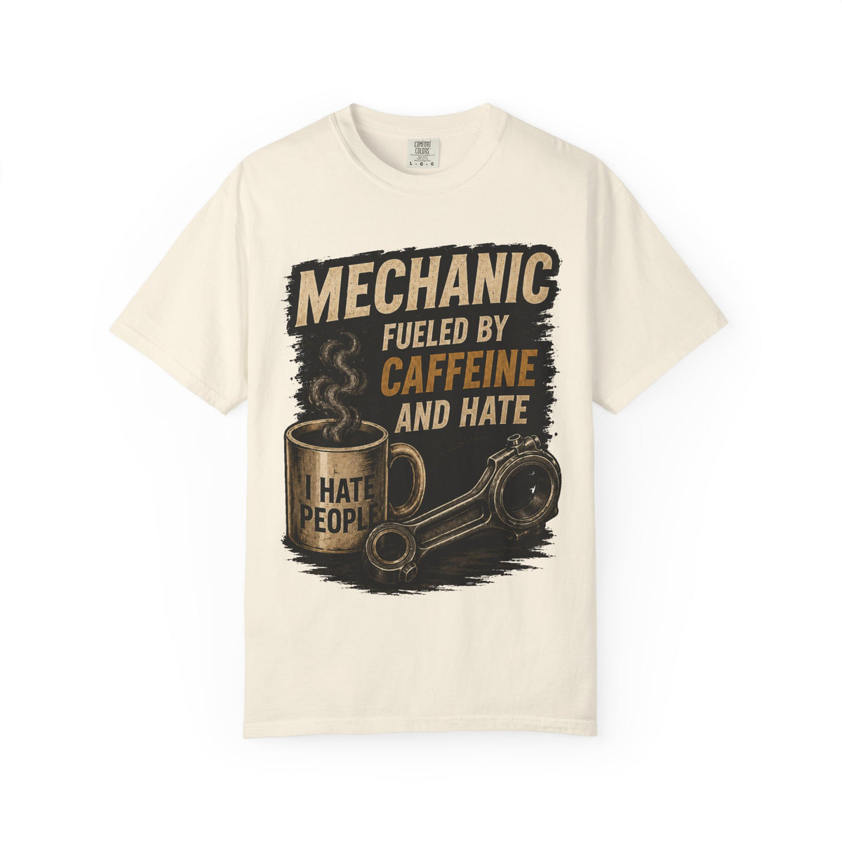 Mechanic T-Shirt — "Fueled by Caffeine and Hate" Vintage Mug & Wrench Tee