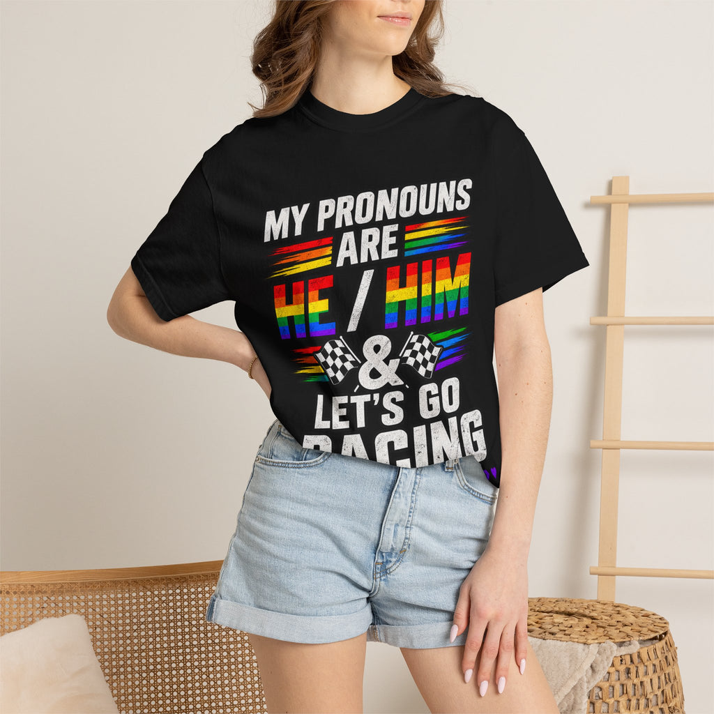 Pronouns Are He/Him Racing T-Shirt — LGBTQ+ Pride Motorsport Tee