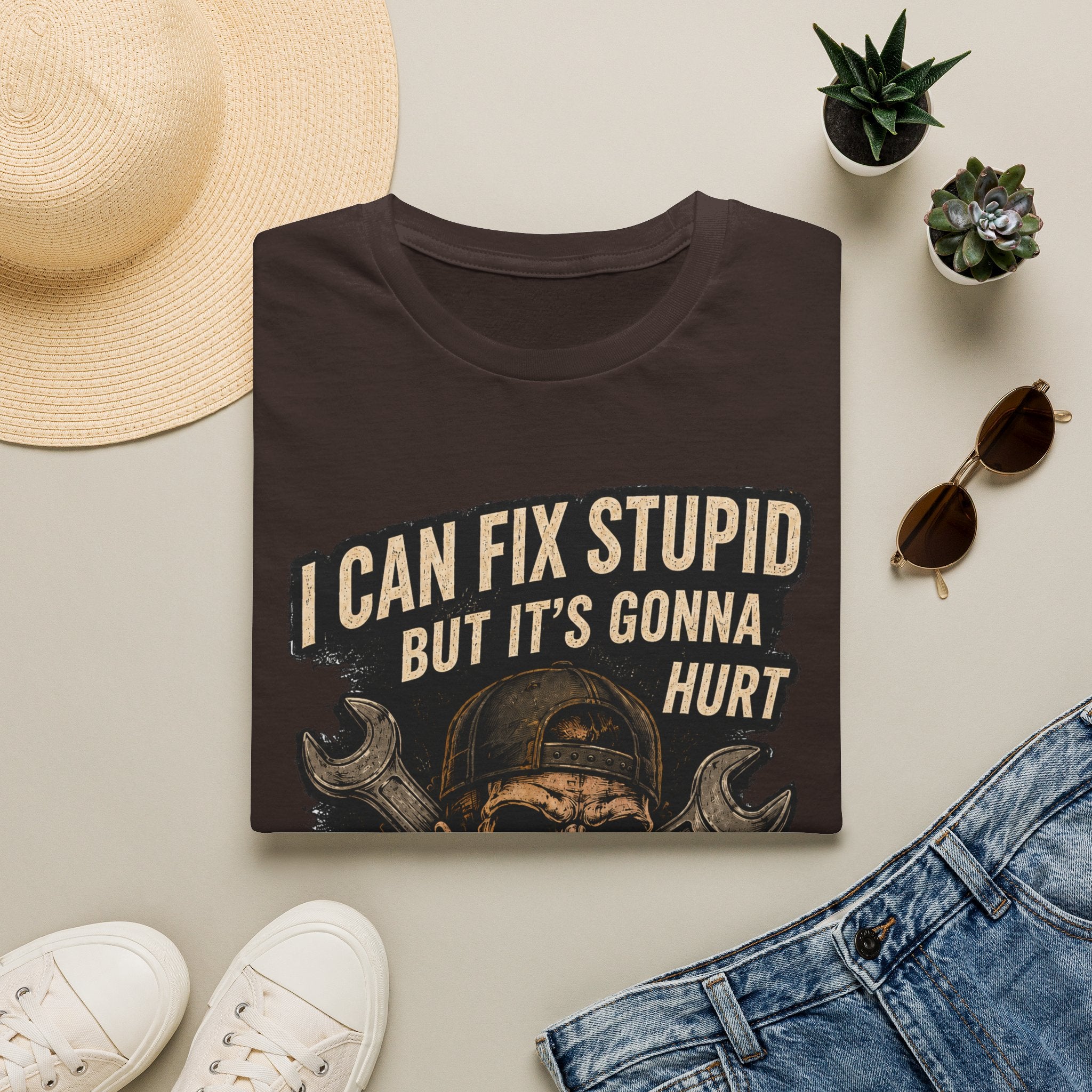 Graphic T-Shirt — "I Can Fix Stupid But It's Gonna Hurt" Skull Mechanic Tee