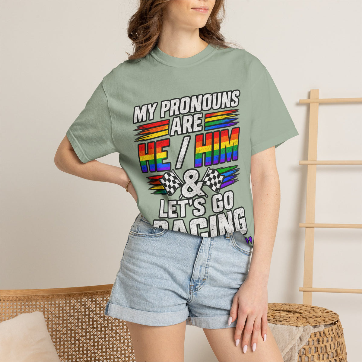 Pronouns Are He/Him Racing T-Shirt — LGBTQ+ Pride Motorsport Tee