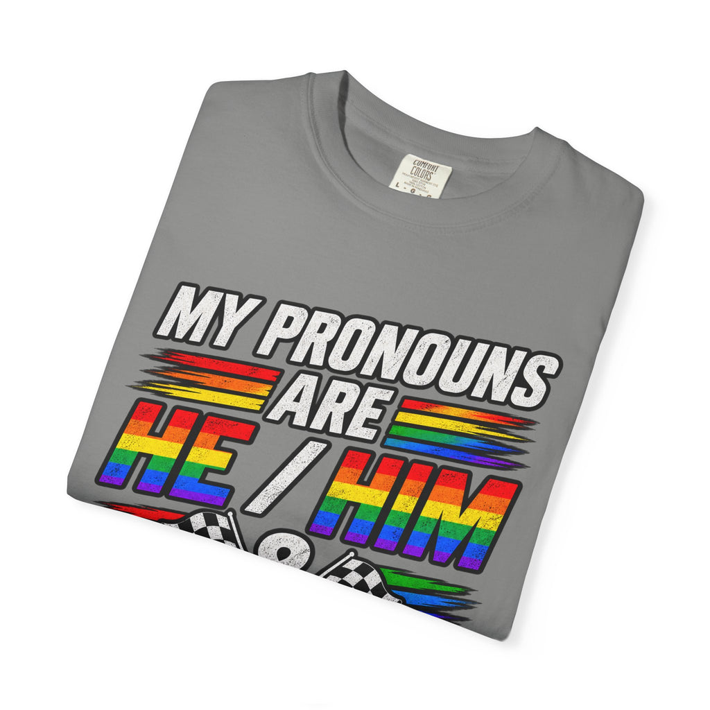 Pronouns Are He/Him Racing T-Shirt — LGBTQ+ Pride Motorsport Tee