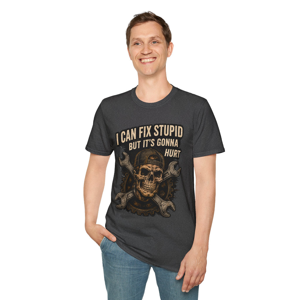 Graphic T-Shirt — "I Can Fix Stupid But It's Gonna Hurt" Skull Mechanic Tee