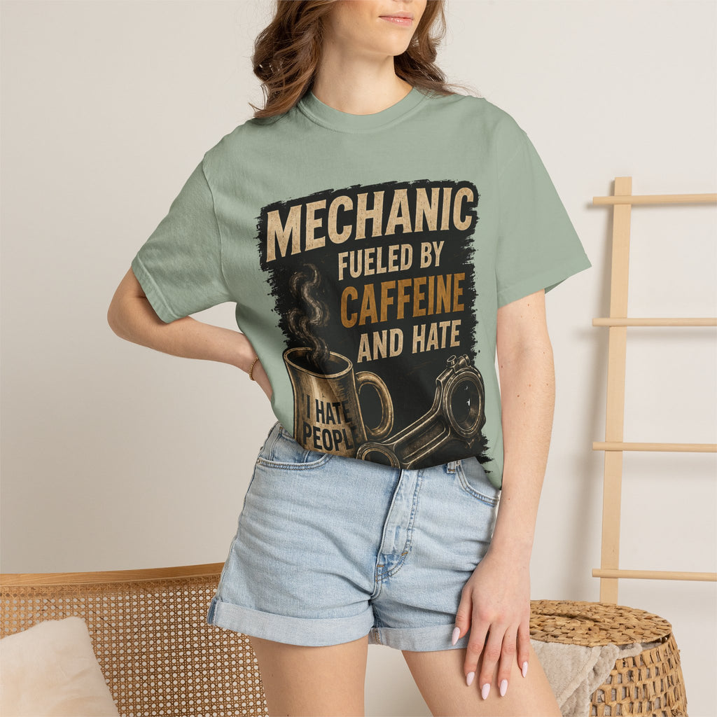 Mechanic T-Shirt — "Fueled by Caffeine and Hate" Vintage Mug & Wrench Tee