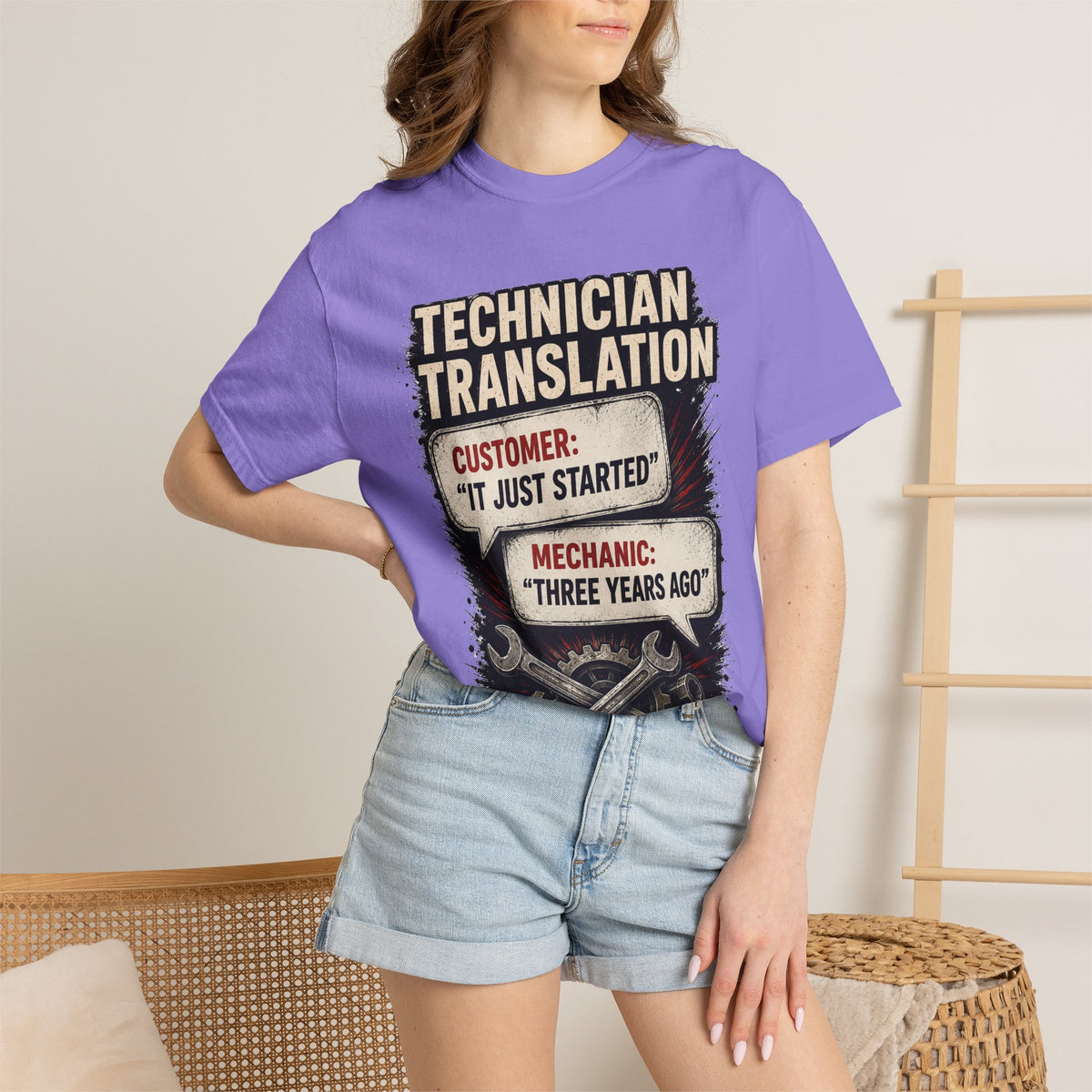 Technician Translation T-Shirt — "Customer: 'It Just Started' / Mechanic: 'Three Years Ago'"
