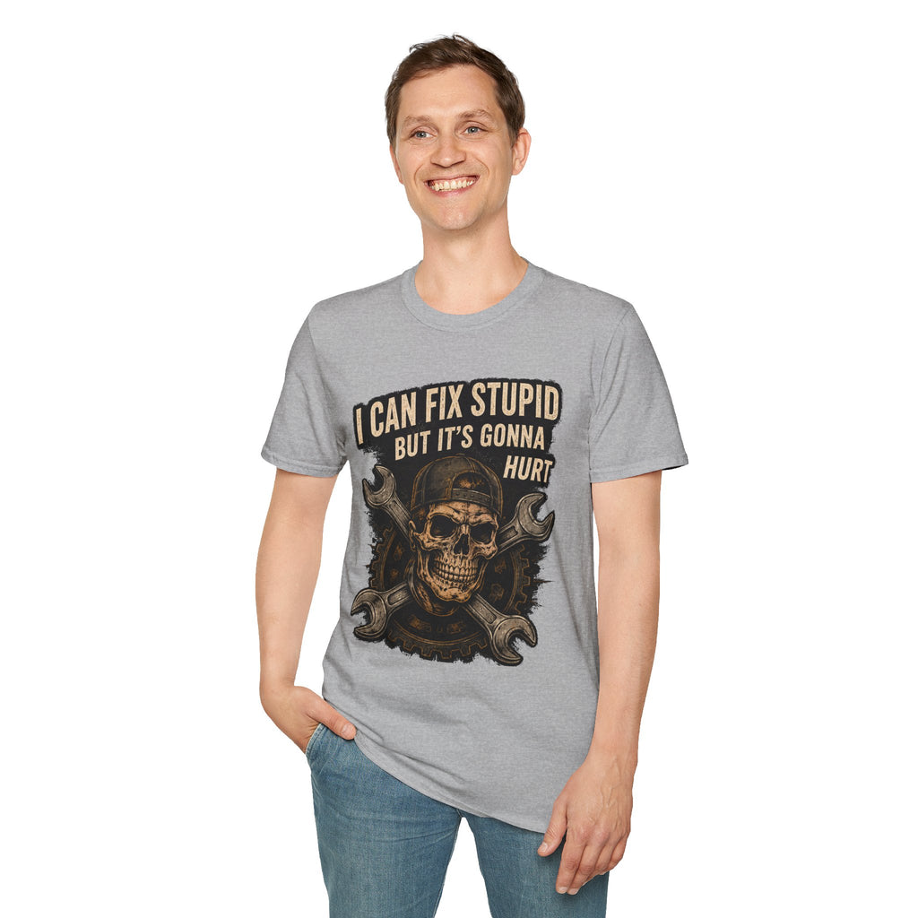 Graphic T-Shirt — "I Can Fix Stupid But It's Gonna Hurt" Skull Mechanic Tee