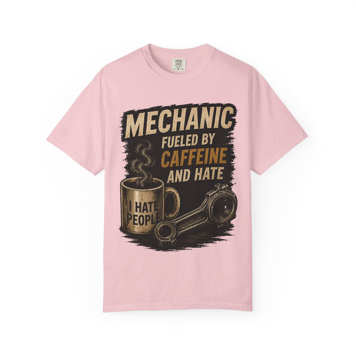 Mechanic T-Shirt — "Fueled by Caffeine and Hate" Vintage Mug & Wrench Tee