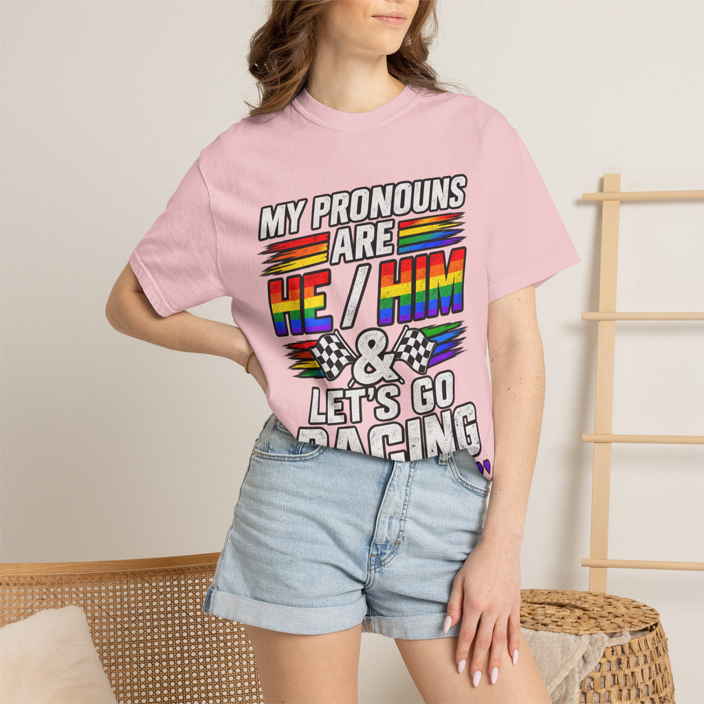 Pronouns Are He/Him Racing T-Shirt — LGBTQ+ Pride Motorsport Tee