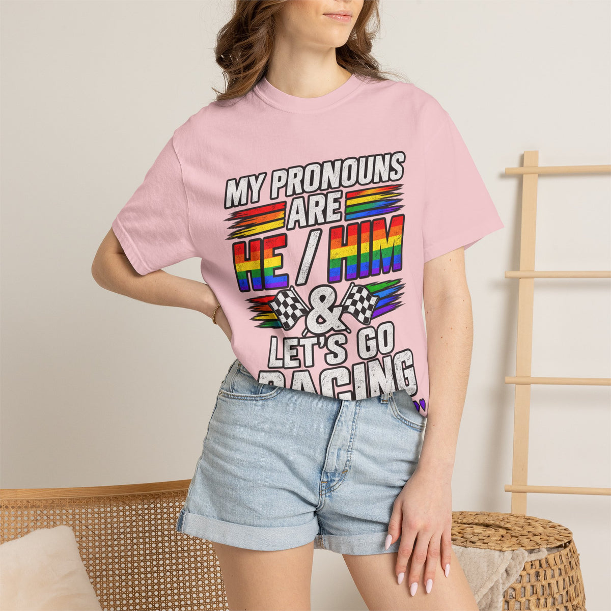 Pronouns Are He/Him Racing T-Shirt — LGBTQ+ Pride Motorsport Tee