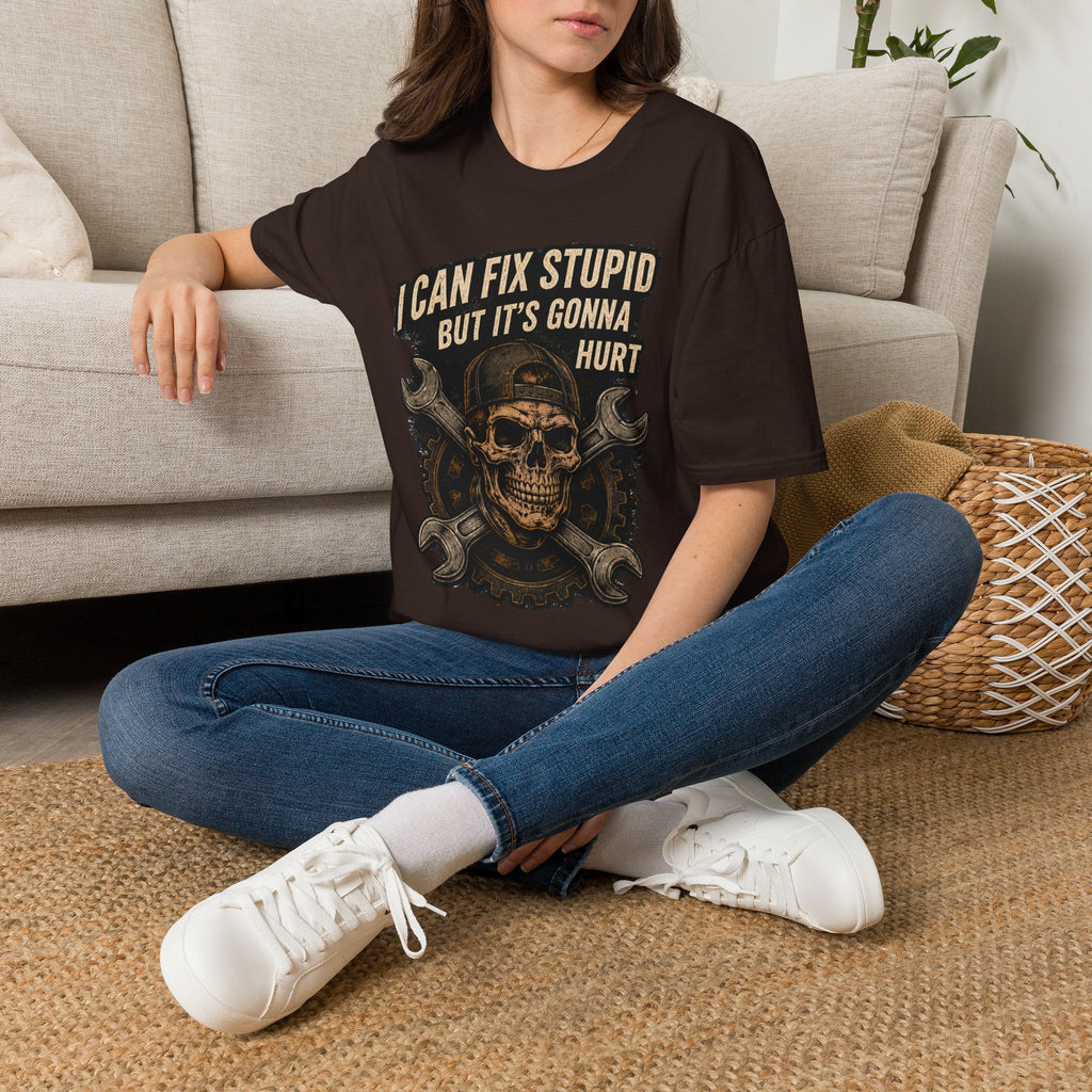 Graphic T-Shirt — "I Can Fix Stupid But It's Gonna Hurt" Skull Mechanic Tee