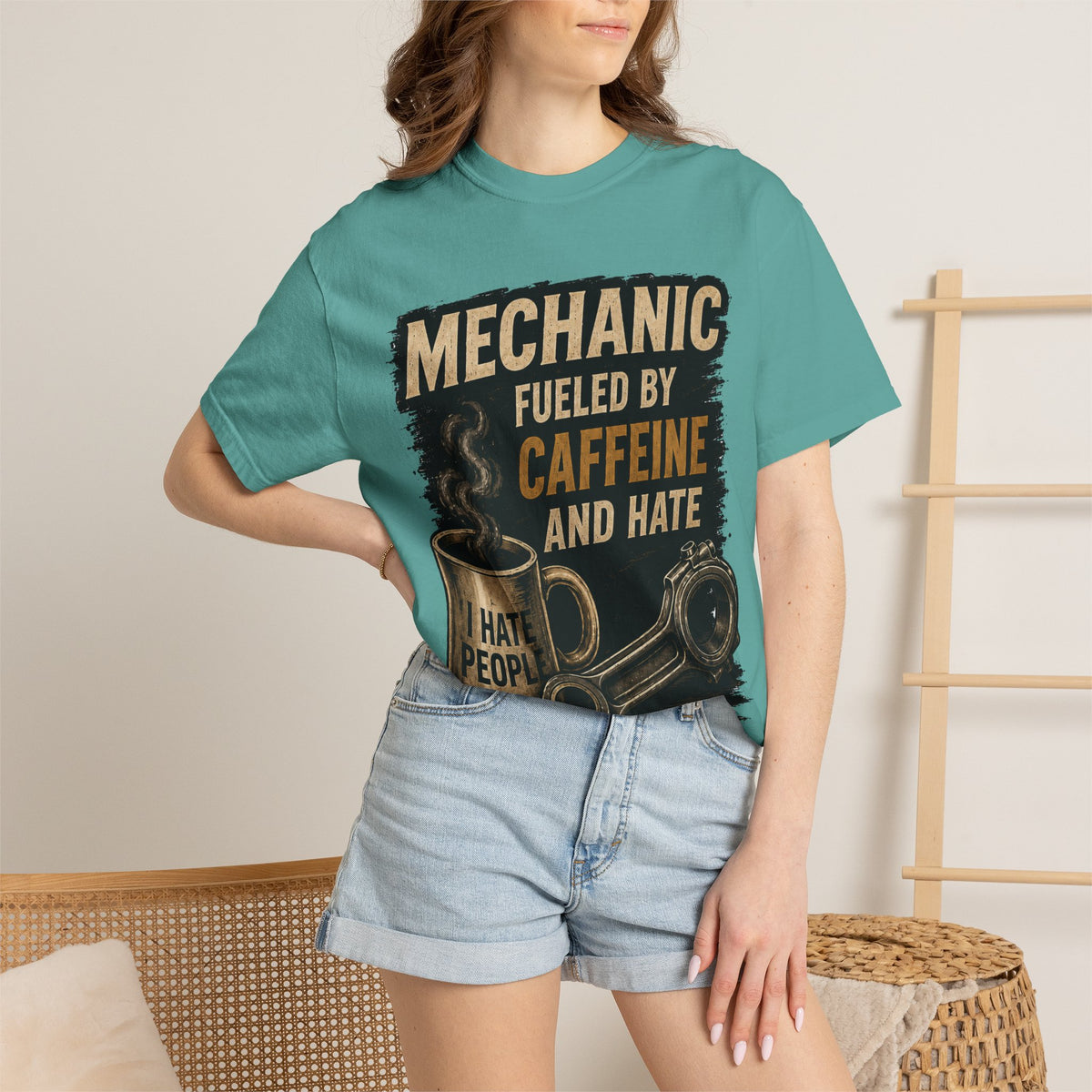 Mechanic T-Shirt — "Fueled by Caffeine and Hate" Vintage Mug & Wrench Tee