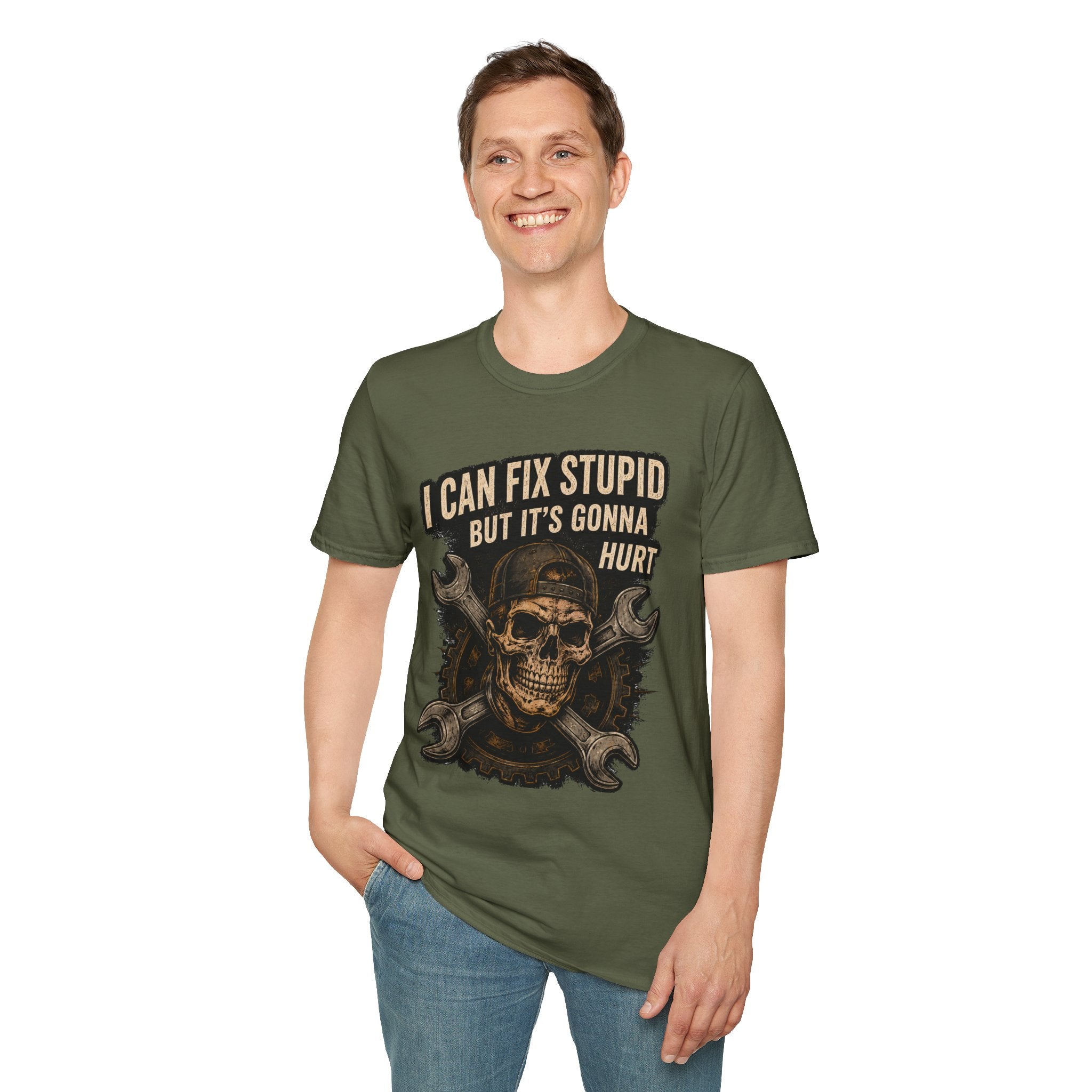 Graphic T-Shirt — "I Can Fix Stupid But It's Gonna Hurt" Skull Mechanic Tee