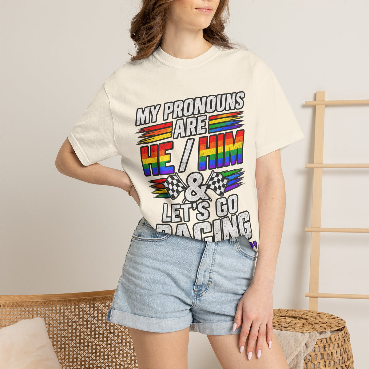 Pronouns Are He/Him Racing T-Shirt — LGBTQ+ Pride Motorsport Tee