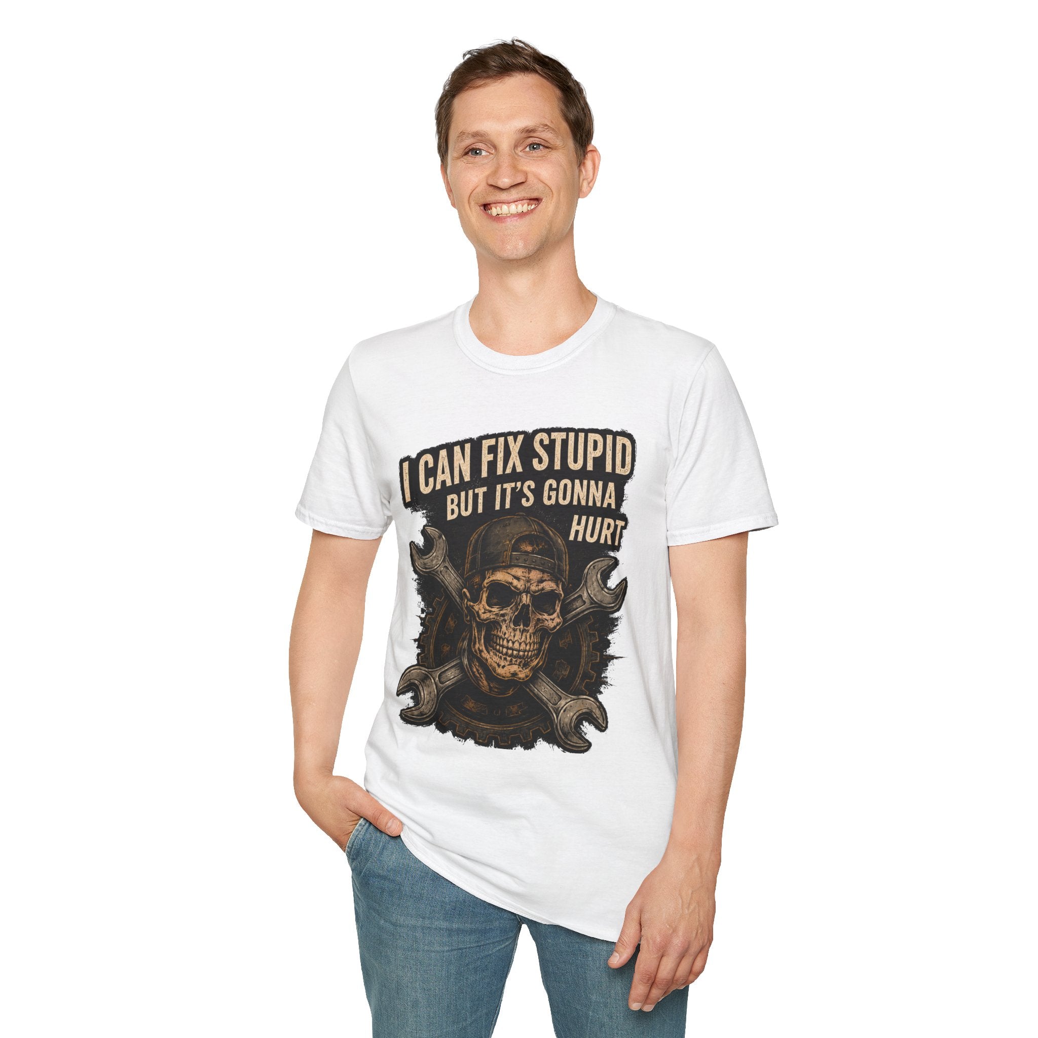 Graphic T-Shirt — "I Can Fix Stupid But It's Gonna Hurt" Skull Mechanic Tee